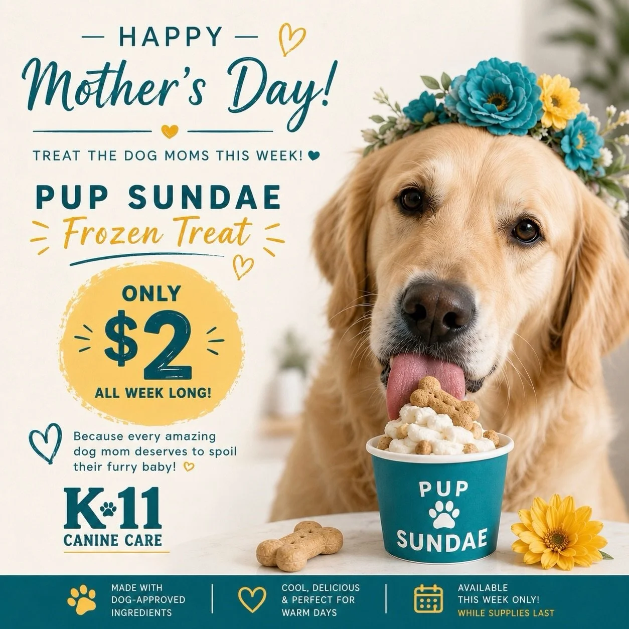 🌸🐶 MOTHER&rsquo;S DAY WEEK SPECIAL 🐶🌸
Every amazing dog mom deserves to spoil her furry baby a little extra this week! 💕
Introducing our Pup Sundae Frozen Treat 🍦🐾 &mdash; a tasty frozen treat made with love, just for your pup!
✨ Only $2 all w