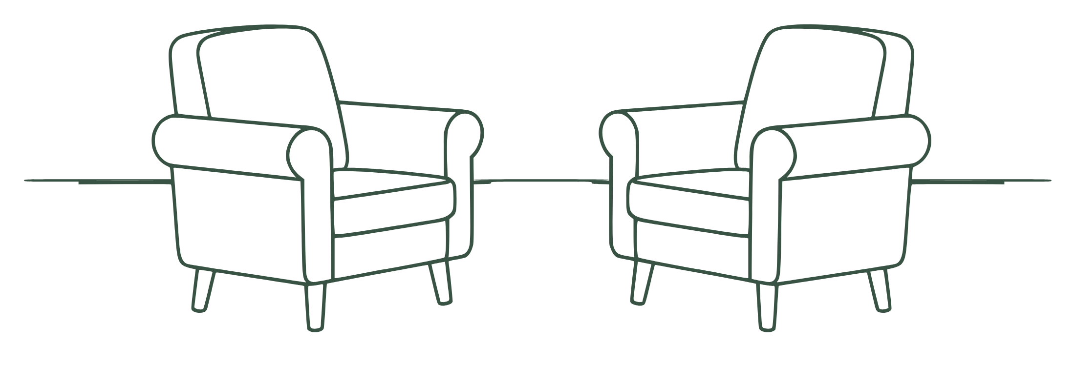 Line drawing of two chairs facing each other, representing the Insurance Clinic’s live monthly small-group sessions.