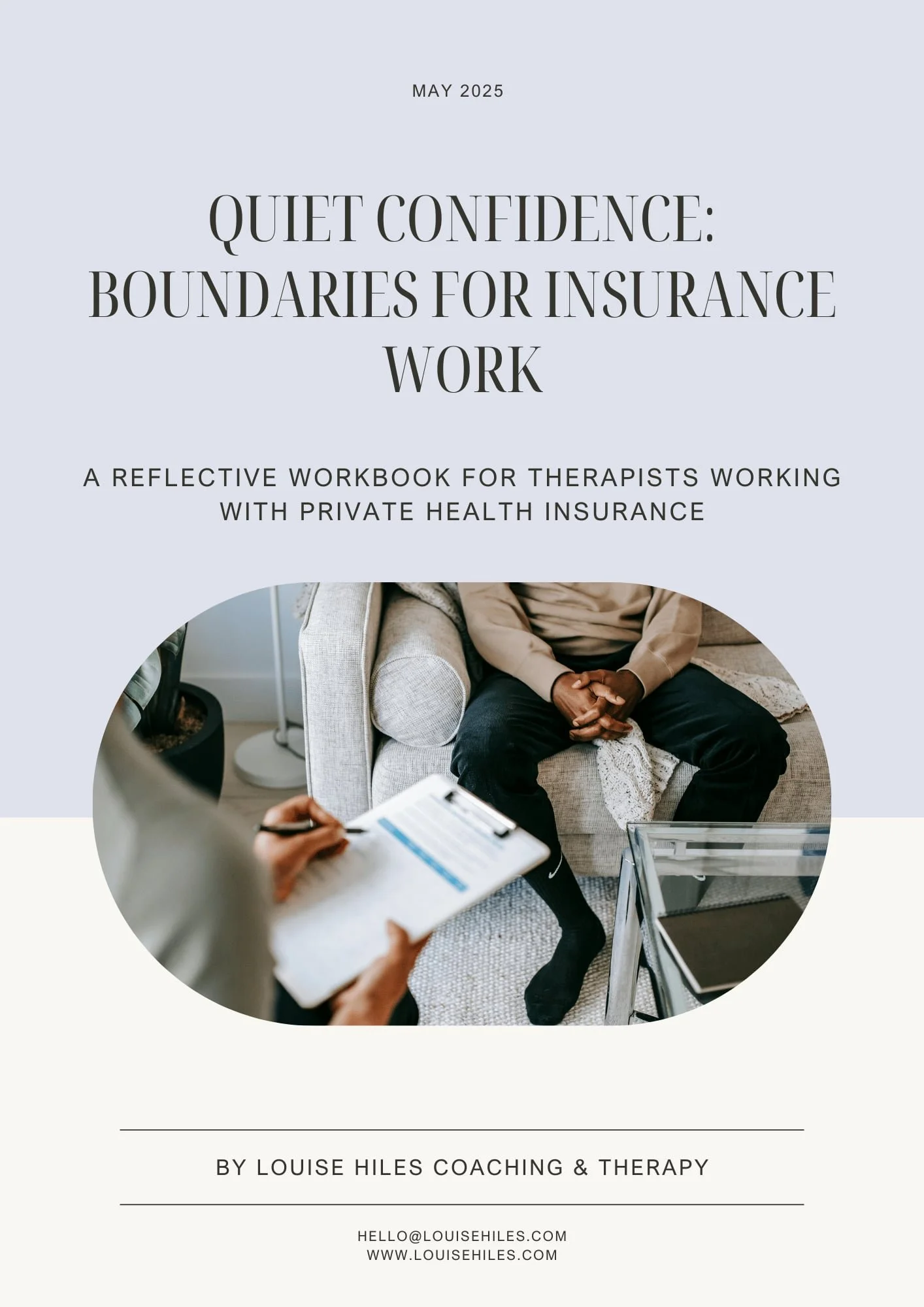 Cover of a workbook for therapists on setting boundaries in insurance work; shows a therapist holding a clipboard with a client.