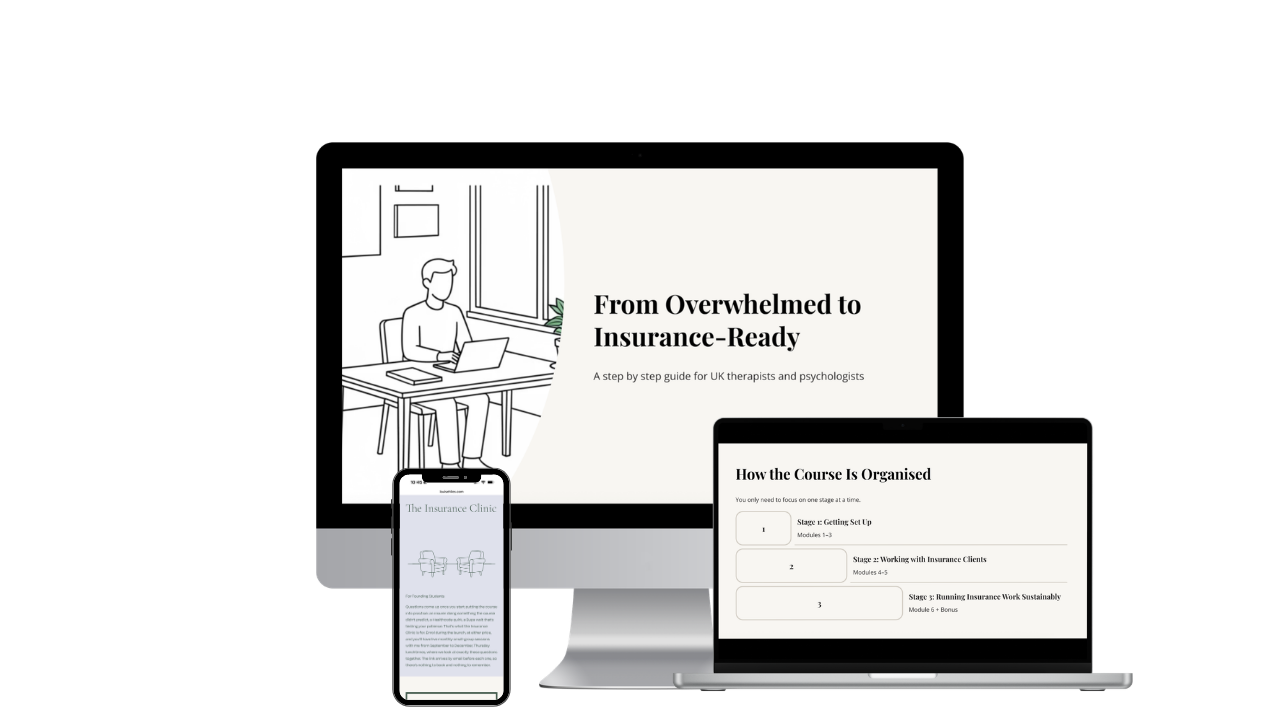 The From Overwhelmed to Insurance-Ready online course displayed across a laptop, tablet and phone, showing video modules and course materials.
