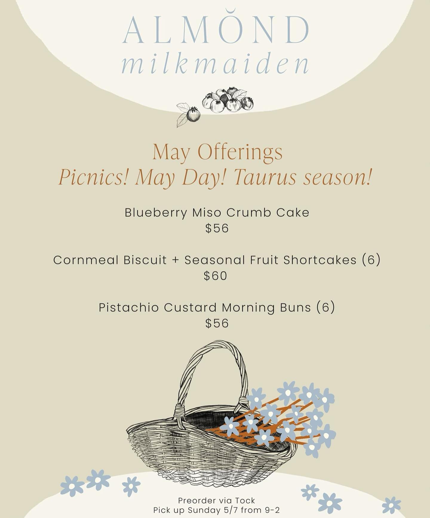 It&rsquo;s gonna be May ya&rsquo;ll 🌼😛🌼😛 And Emily&rsquo;s bringing you a springy selection of baked goods for any/all occasions! Preorder is on till Friday 5/5 via Tock for pickup Sunday 5/7 9-2 !! Select the 2:00 slot, but come anytime in that 