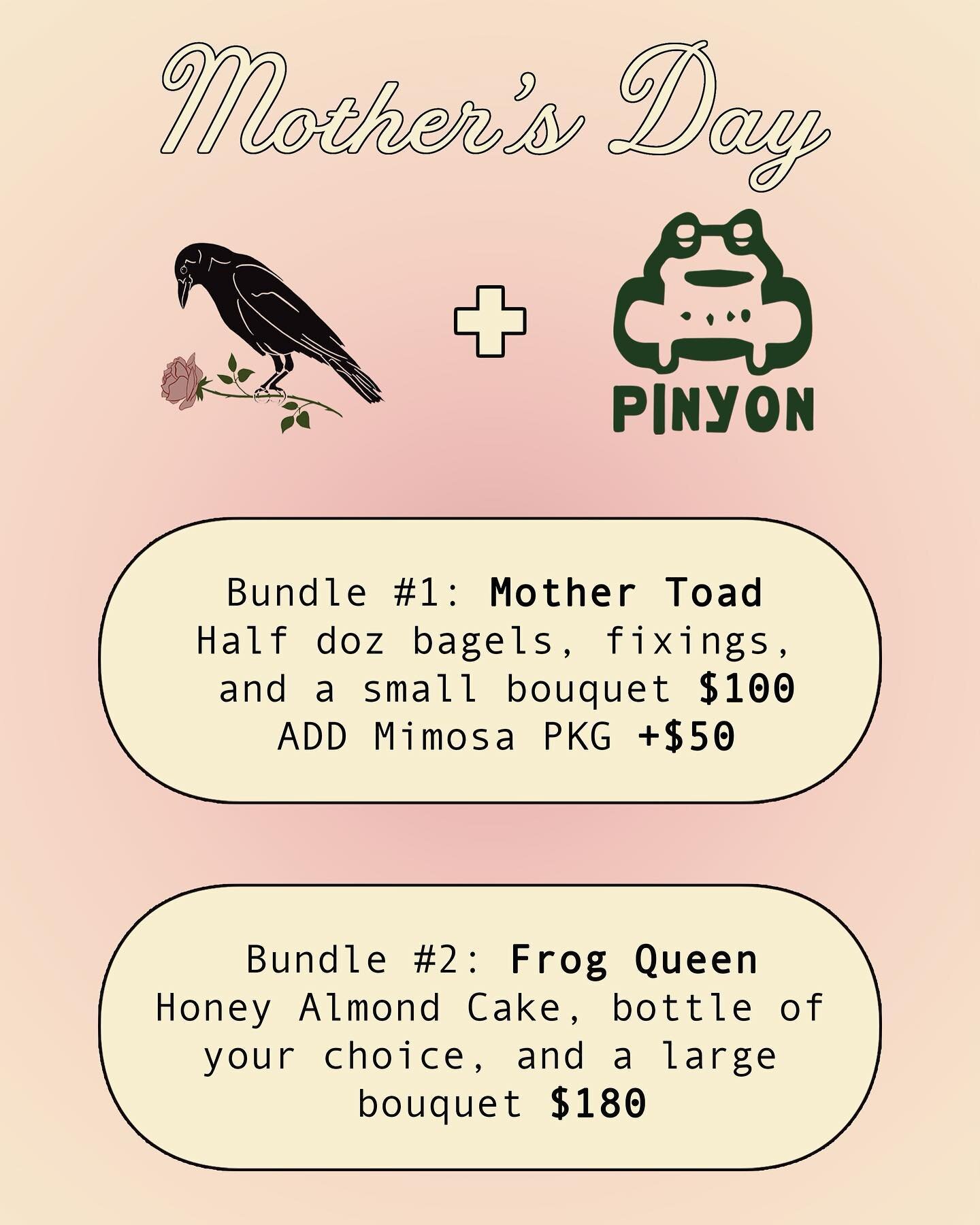 Your Mother's Day one stop shop to honor all the mama's who do so much for us! Stunning bouquets by @jackcrowbuckley , all the fixings for brunch with bagels and mimosas, and finish it off with cake by @almondmilkmaiden 💐🥯🥂🍰 Pick one of the bundl