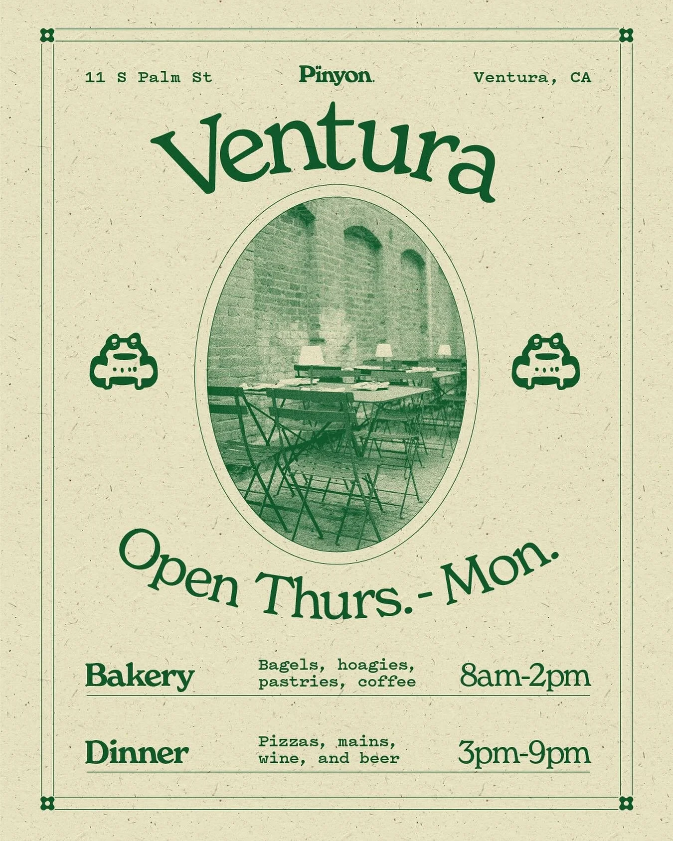 VTA HOURS UPDATE

We are now open on Mondays! Standard hours. Bagels, hoags, pastry and bread starting at  8AM. Full dinner menu starting at 3PM. Walk on in or make a rez in our bio

🐸🍕🥂

@nosh.graphics on the flyer 🎨
