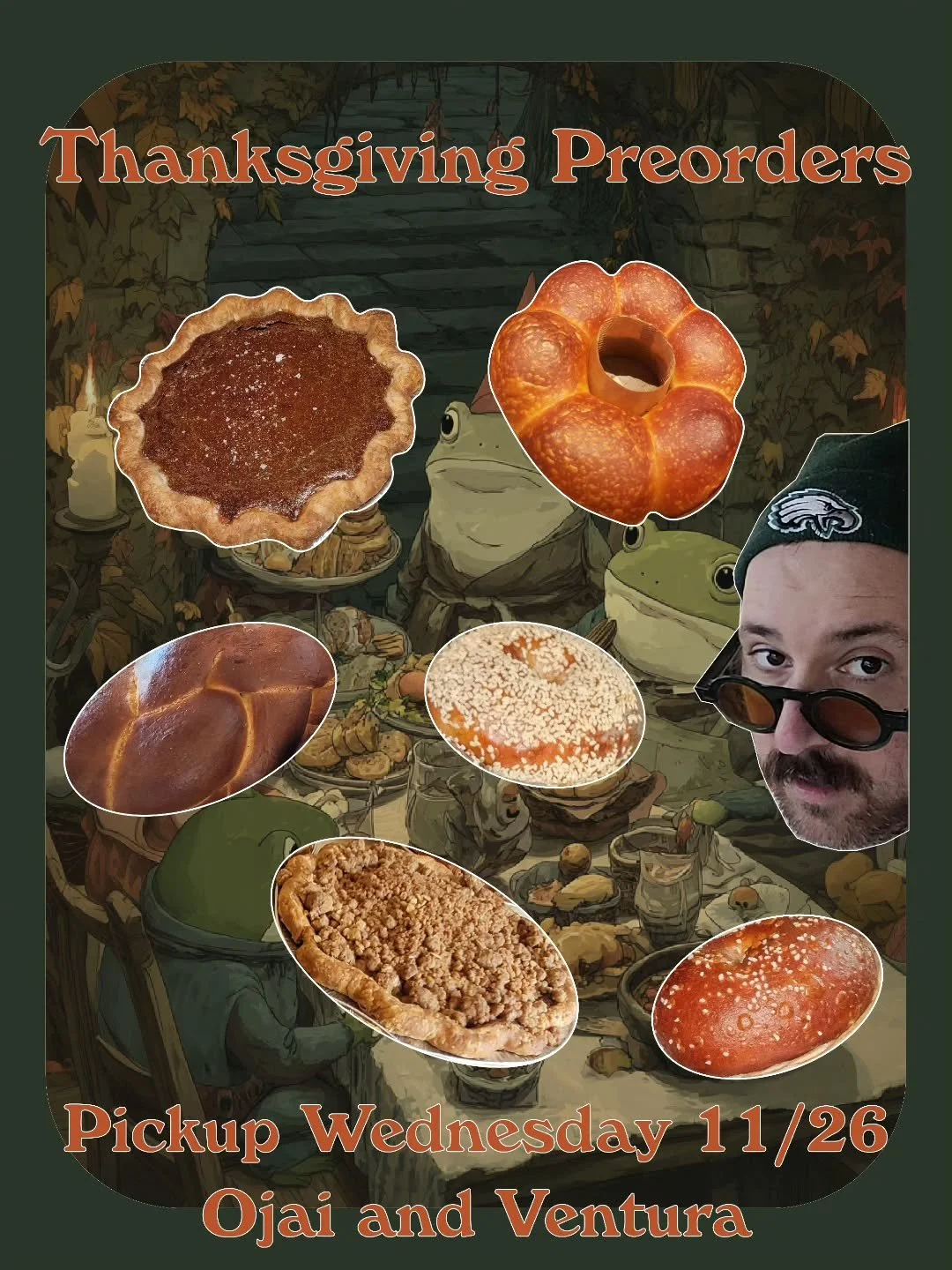 HOLIDAYS HATH RETURNED!!!!!!!! 

AND ALONG WITH IT COMES OUR ANNUAL TG PREORDER - EXPECT NOTHING BUT THE 100% ORGANIC CLASSICS:

- KABOCHA PUMPKIN CUSTARD PIE
- TEHACHAPI CARAMEL APPLE PIE
- BUTTERMILK PARKER HOUSE ROLLS
- PUMKPIN CHALLAH LOAVES
- SO