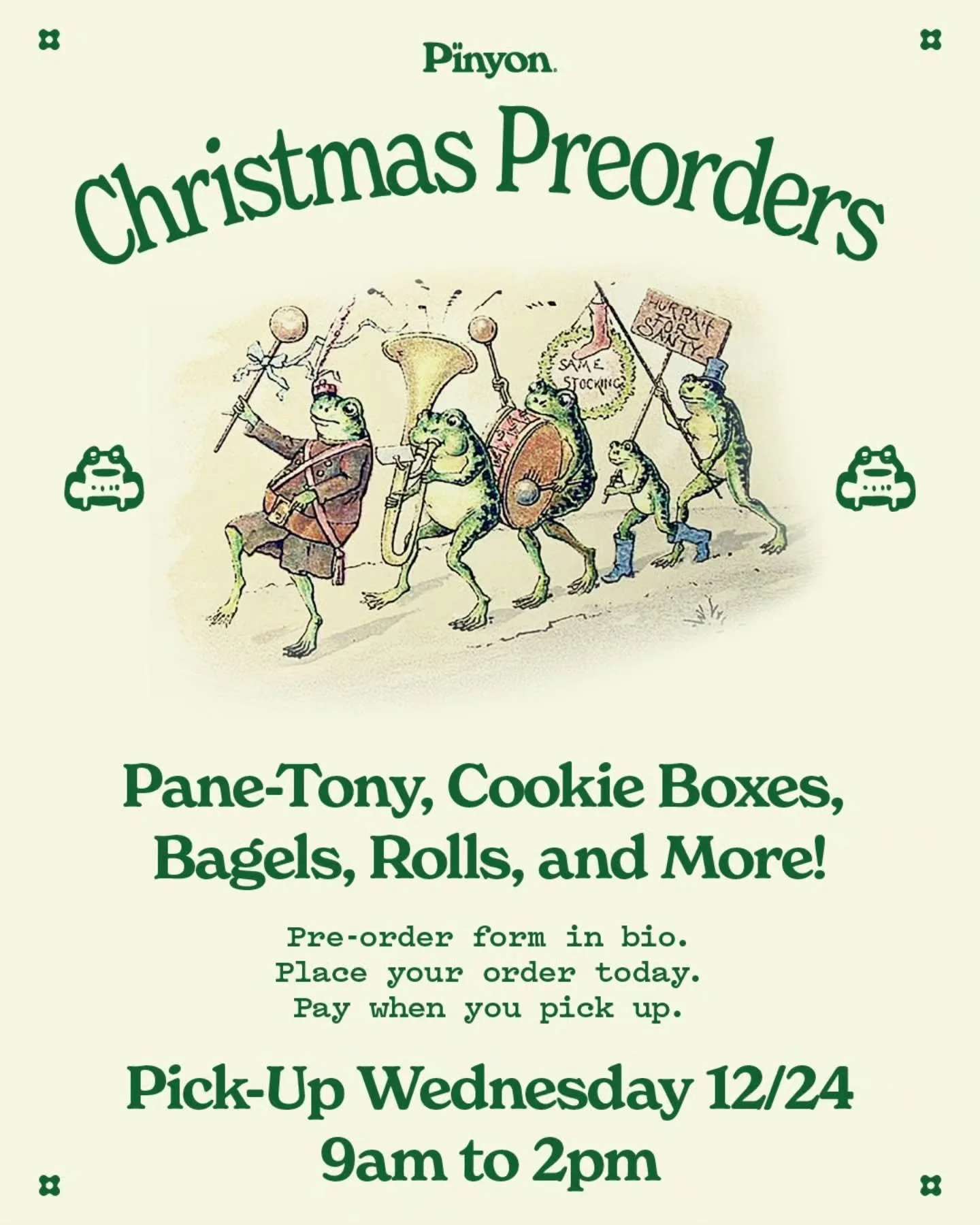 ITS THAT TIME AGAIN!!!!!!!!!!!

XMAS PREORDERS COME WITH A DELIGHTFUL SURPRISE, A FULL SERVICE LUNCH + @lucidcoffeecalimesa POP UP!!!

PREORDER LINK IN BIO - THIS IS OJAI LOCATION ONLY,  NO VTA XMAS PICKUPS THIS YEAR.

PANE-TONY, COOKIE BOXES, ROLL W