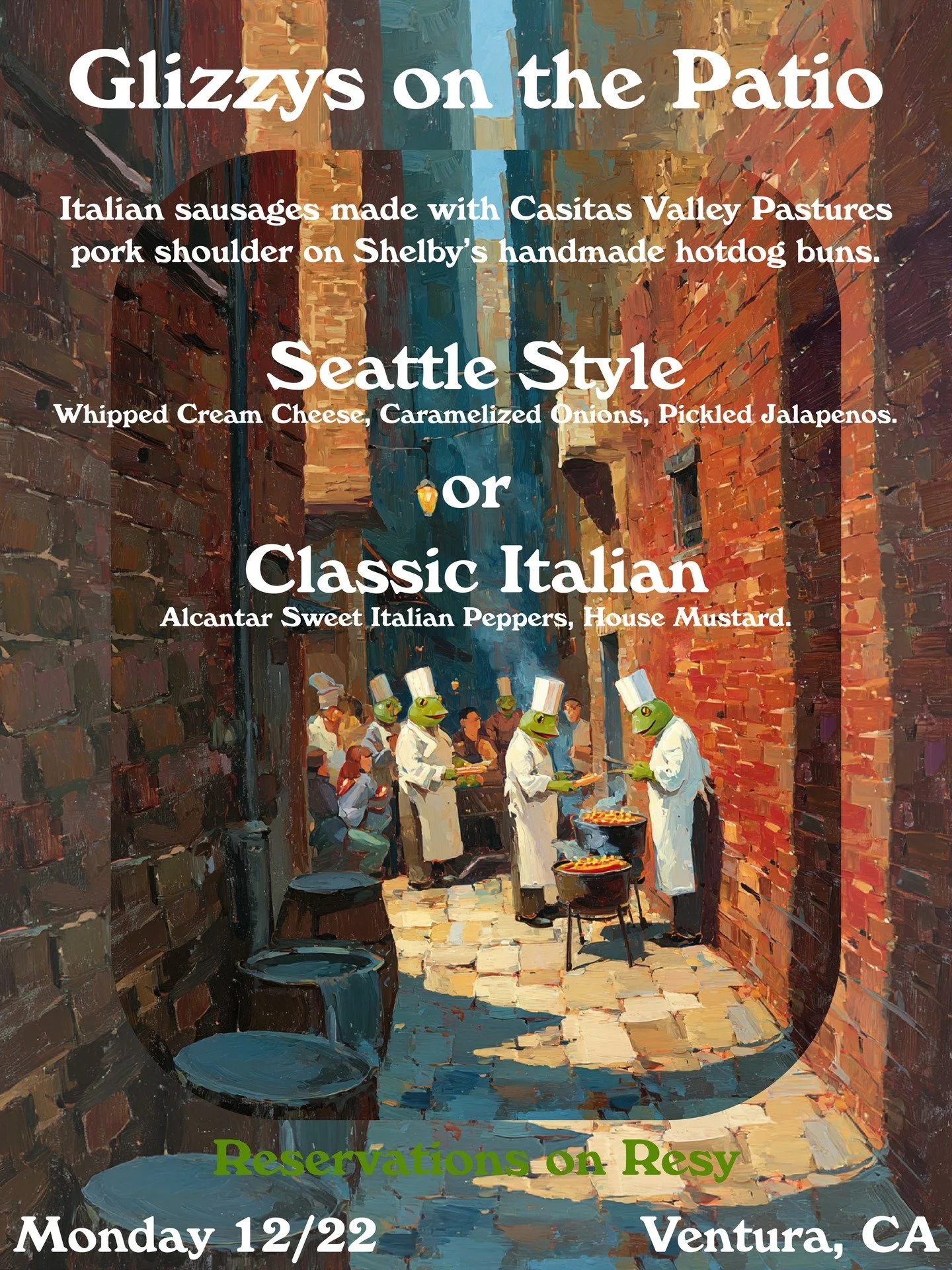 GLIZZYS ON THE PATIO

We were so stoked on the turnout from our Bao pop-up that we've decided to make patio grilling a weekly tradition on Mondays.

For the foreseeable future we'll be dishing out a rotating selection of glizzys (sausages) made from 