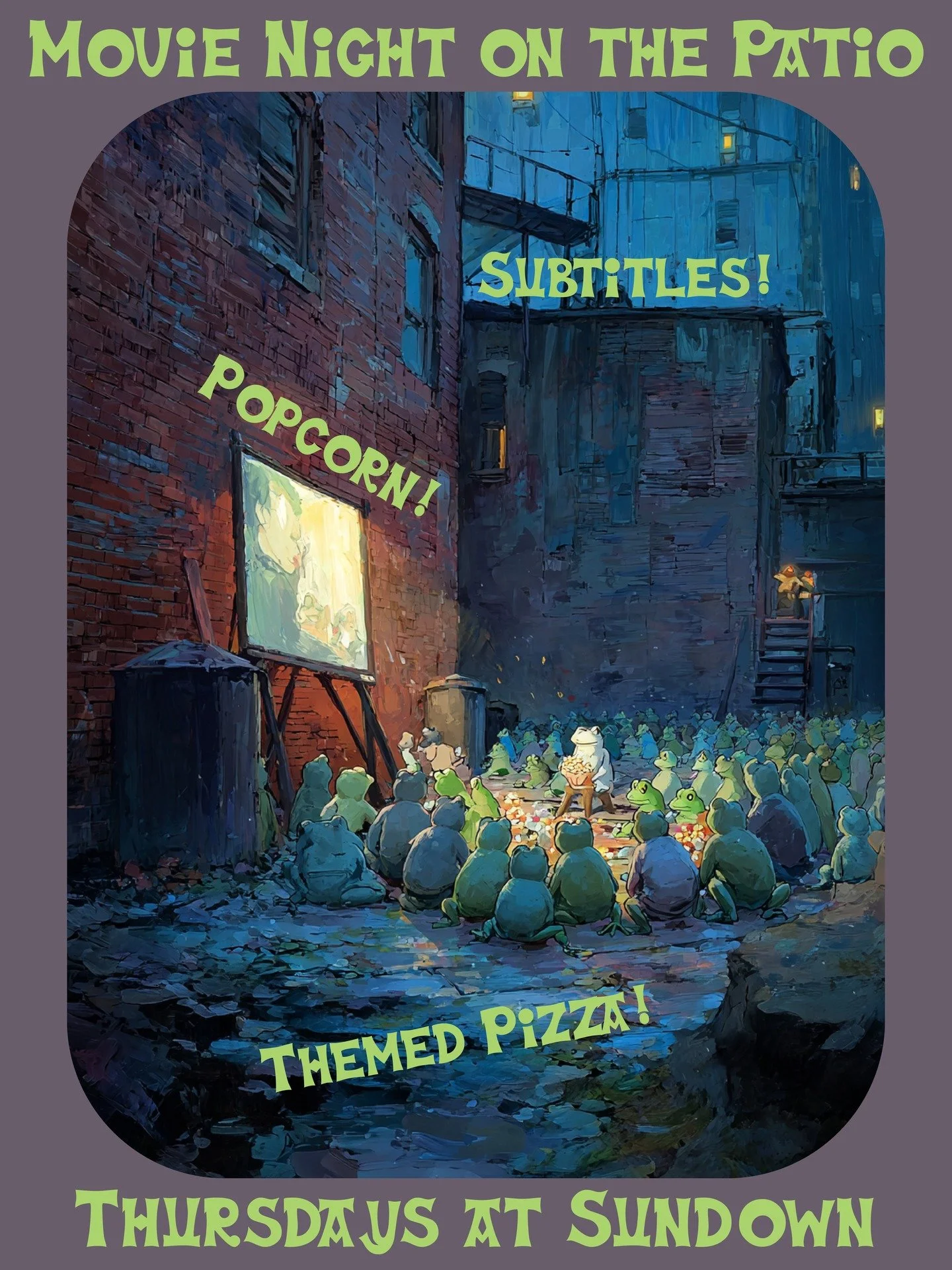 MOVIE NIGHT IN VTA

Hear ye, etc. We're going to be projecting movies on the patio Thursday nights starting this week! There will be popcorn, there will be subtitles, there will be a weekly themed pizza for the film.

We're starting off with an absol