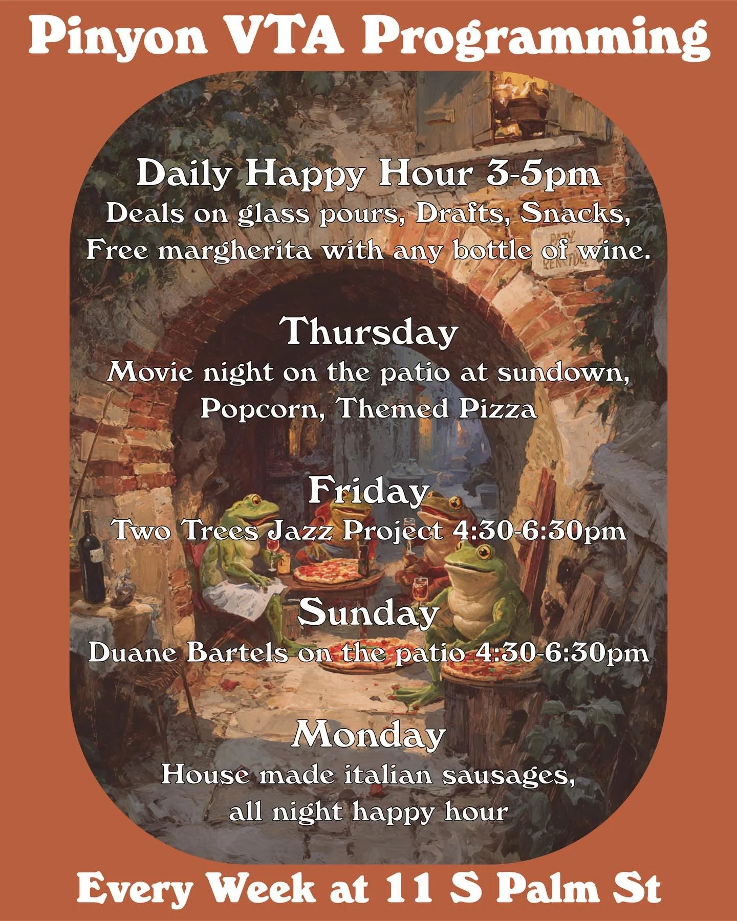 WE HEARD YOU LIKE PROGRAMMING

So we&rsquo;re doing a bunch of weekly programming. Formatted here for your viewing pleasure. 

Starting the week off Thursdays with movies on the pato. @twotreesjazzproject bringing the Friday night vibes to the alley.