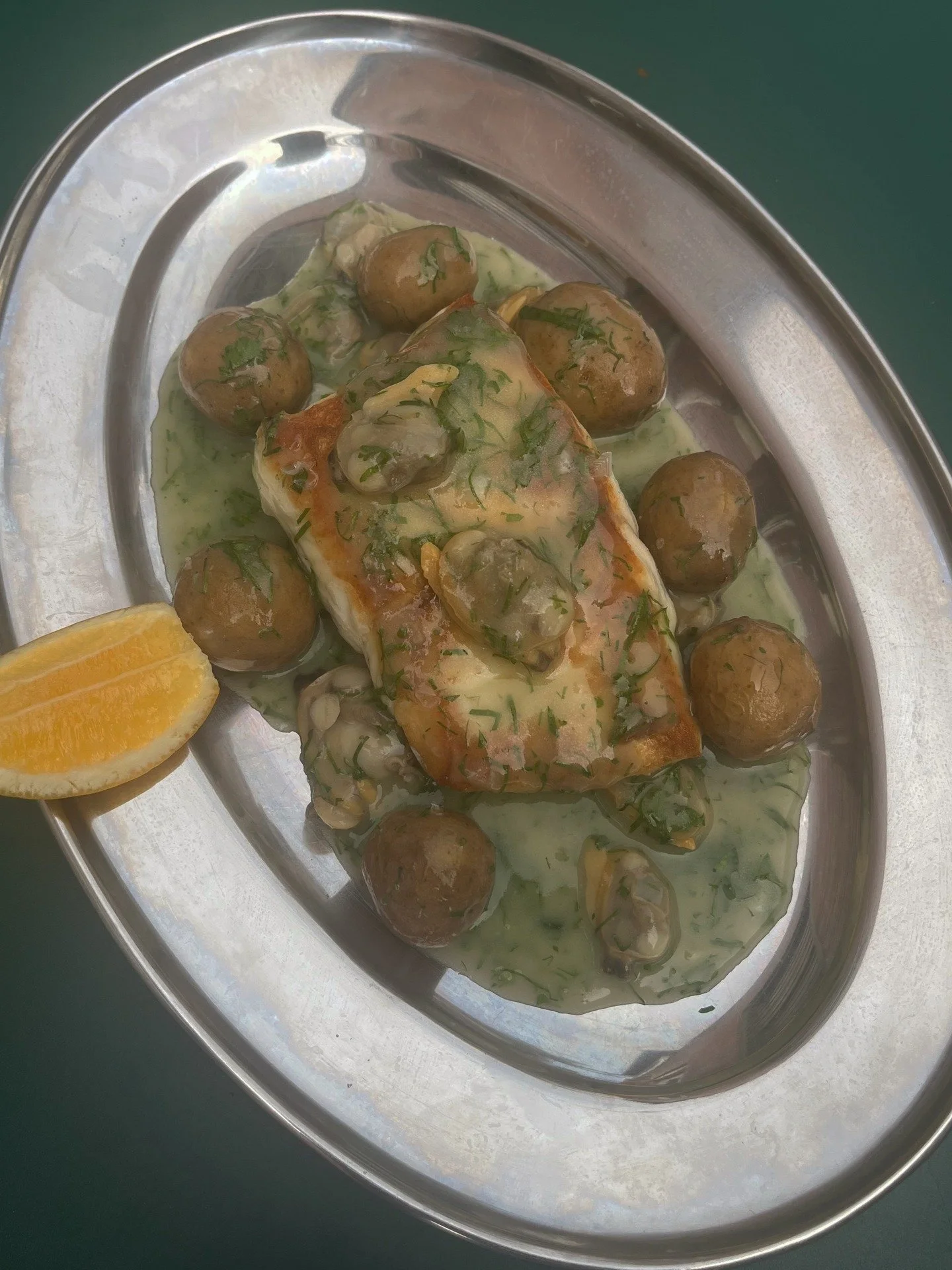 VTA DISPATCH

Delicious spring time special on the menu at present. Woodfired Channel islands Halibut blanketed with a Basque style salsa verde replete with new potatoes from @alcantar_farms and Manila clams. Fish and seafood courtesy of @sbfishmarke