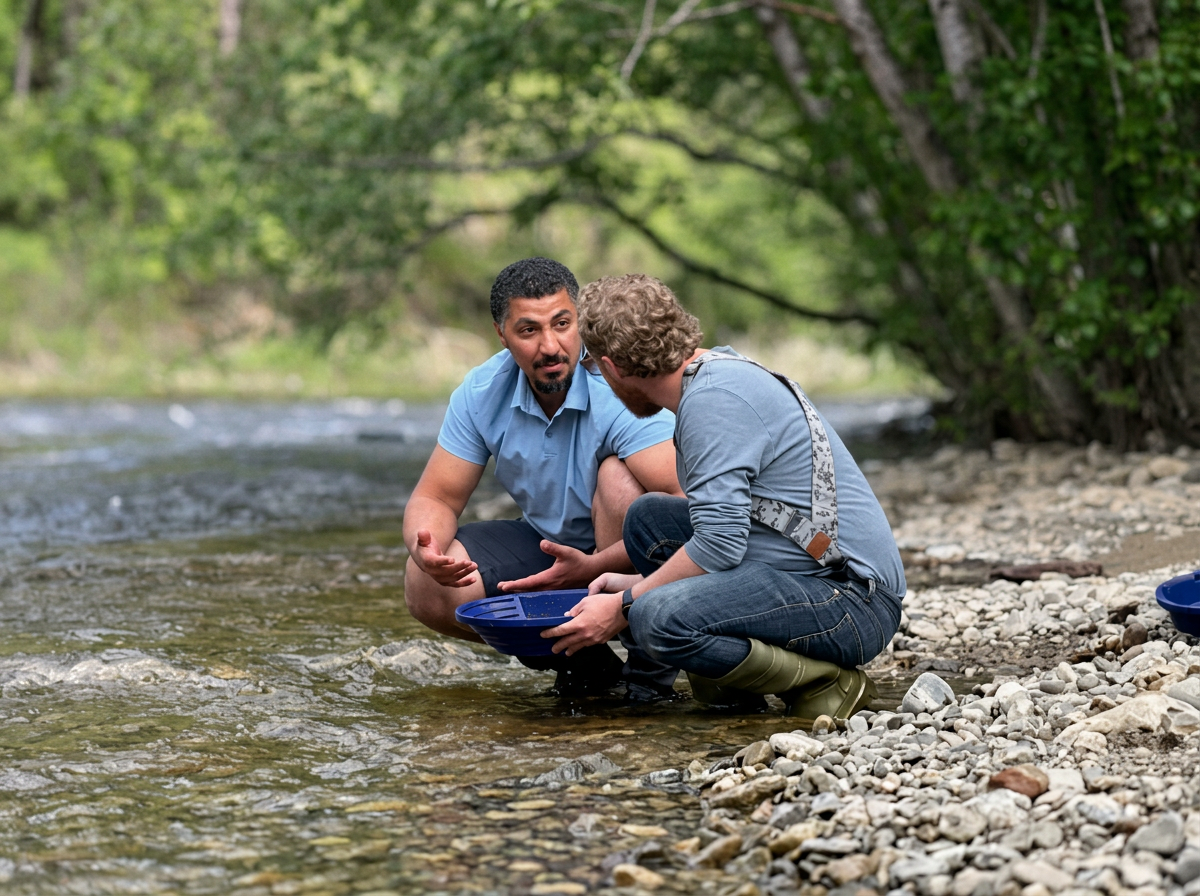 Two men doing gold pannning, engaged in conversation, one holding a blue tray, surrounded by trees and rocks.