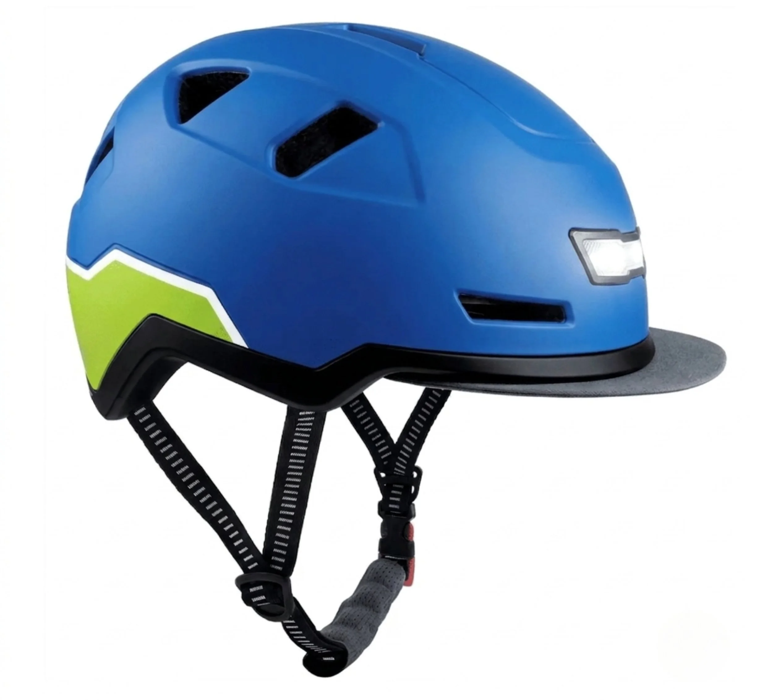 Blue and black bicycle helmet with ventilation holes and adjustable strap.