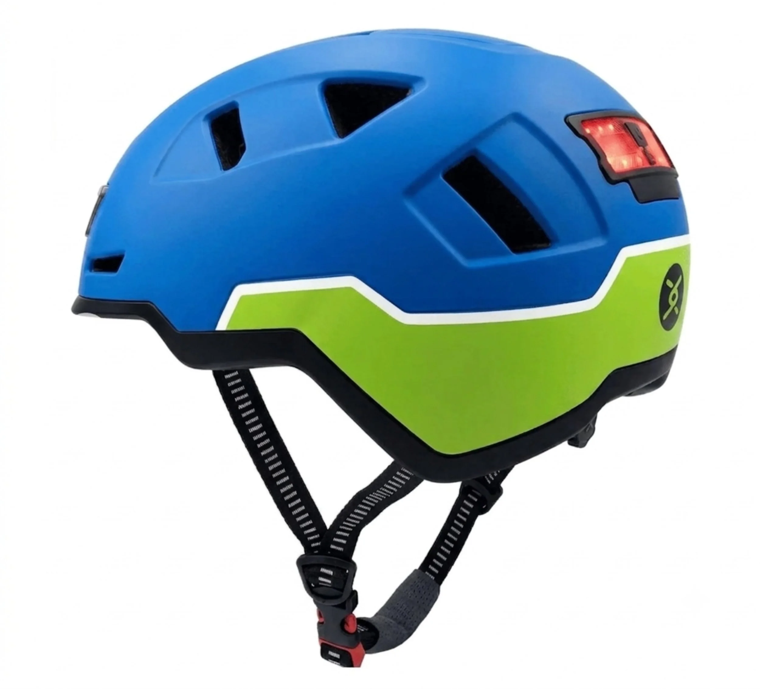 A blue and green bicycle helmet with black straps, safety lights, and ventilation holes.