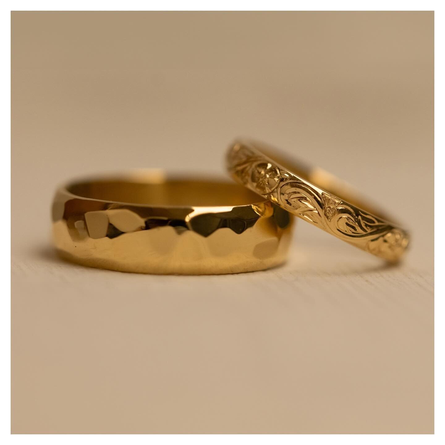 These rings were hand made by @_drewforsyth &amp; Helena last July. They will always be up there as some of my favourite rings ever created on our make your own wedding ring workshop. You can&rsquo;t beat buttery 18ct gold and hand engraving in my ey