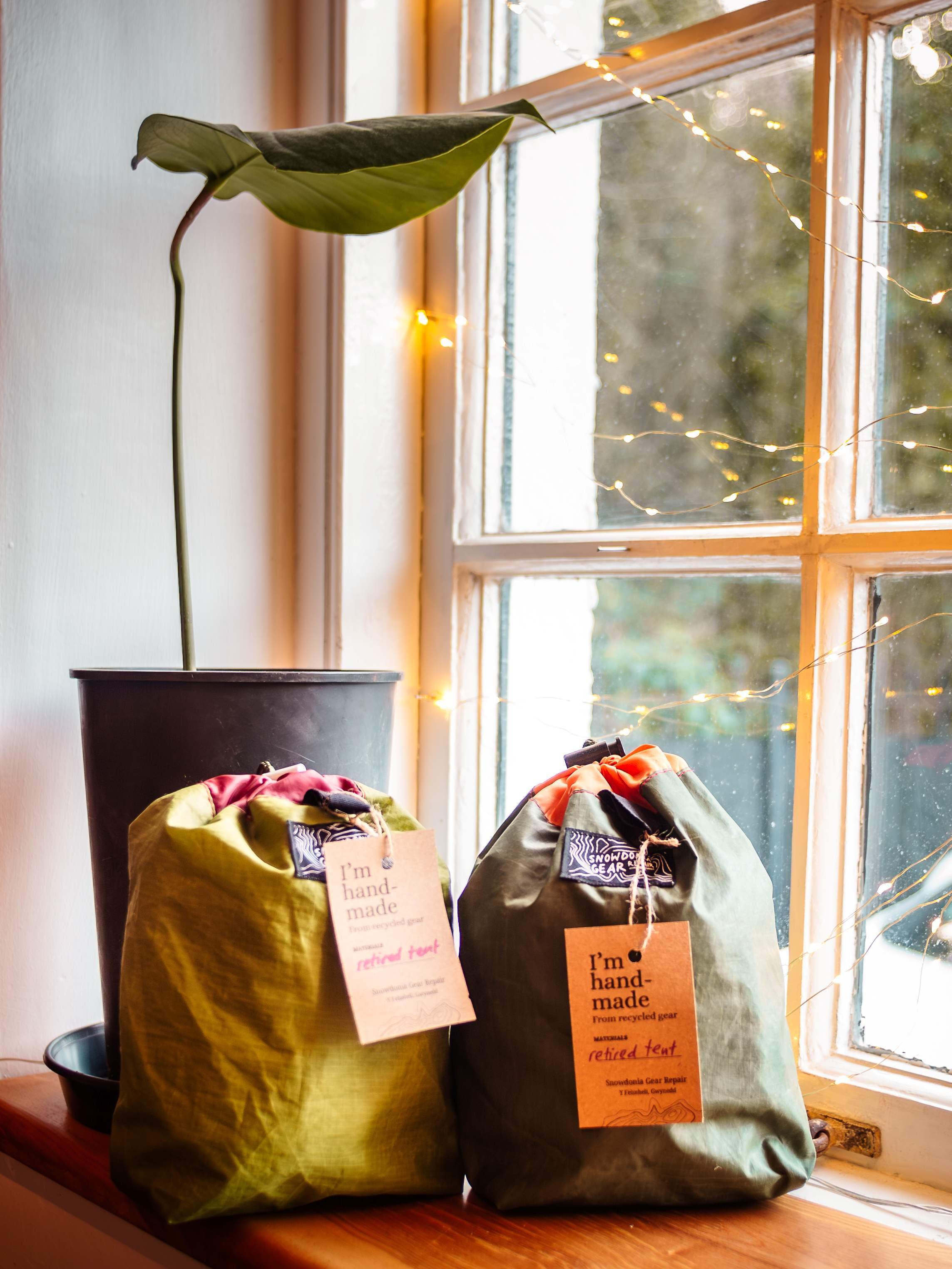 forest green cinch sacks made of upcycled tents are on display below a monstera plant