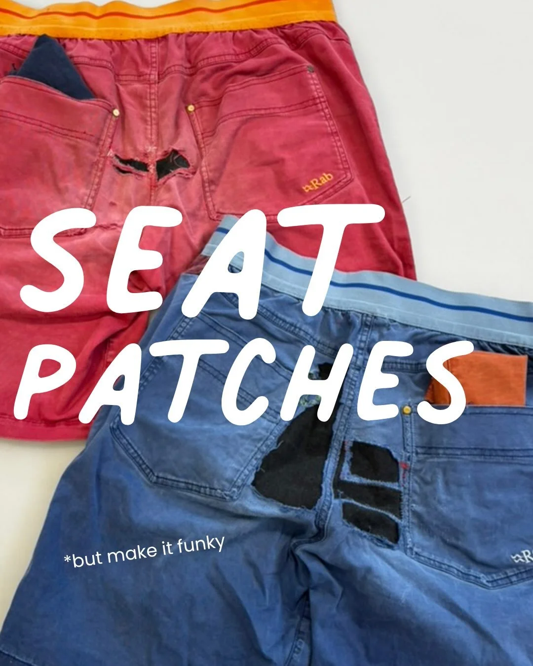 Seat patches (or in less formal terms arse reinforcements) in funky colours!

#shortsrepair #visiblemend #patch #repairdontreplace