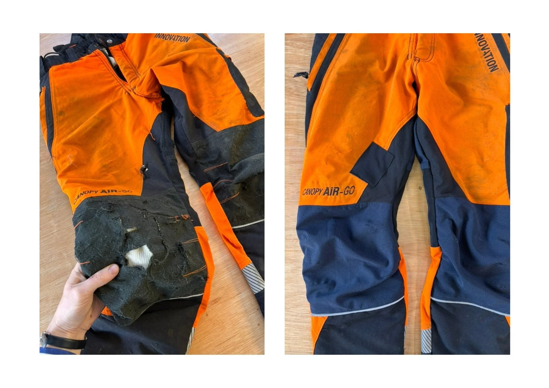 Repaired rip in chainsaw trousers with new knee panels