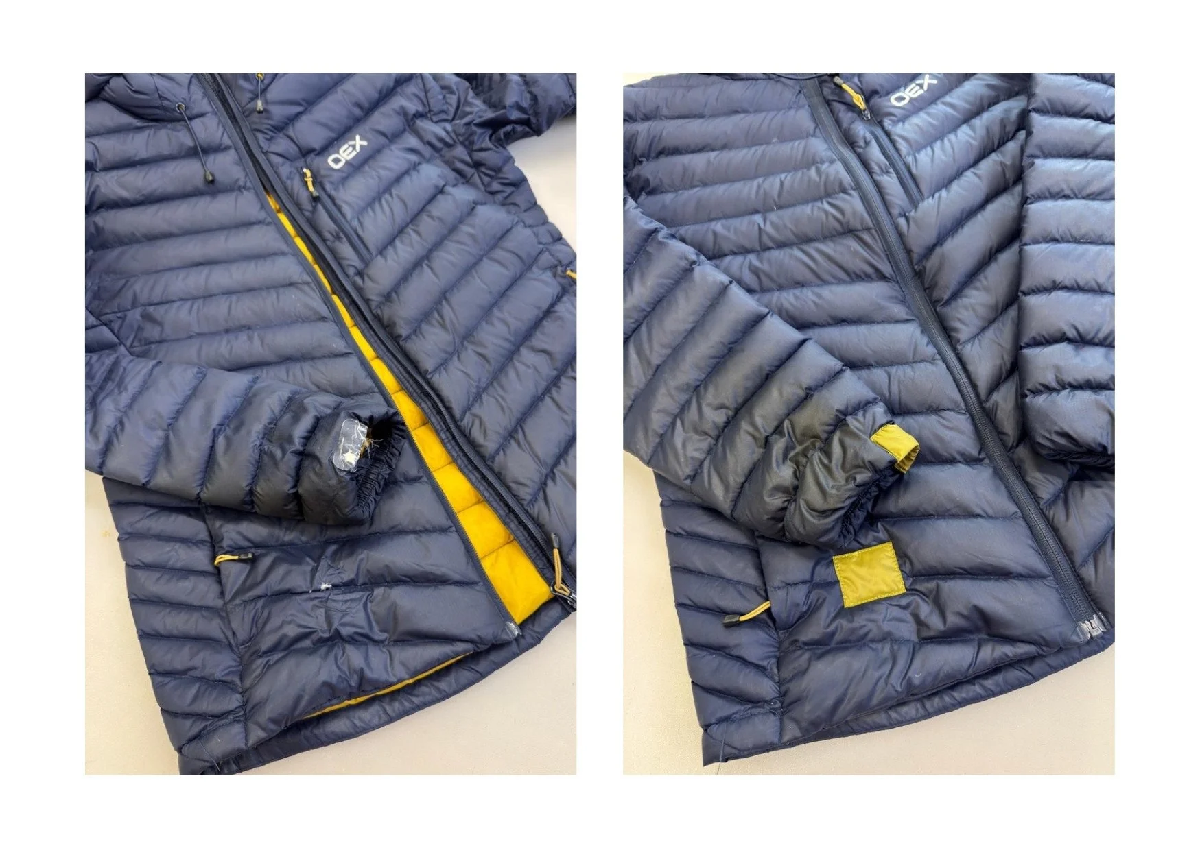 OEX ripped puffy jacket with yellow patch