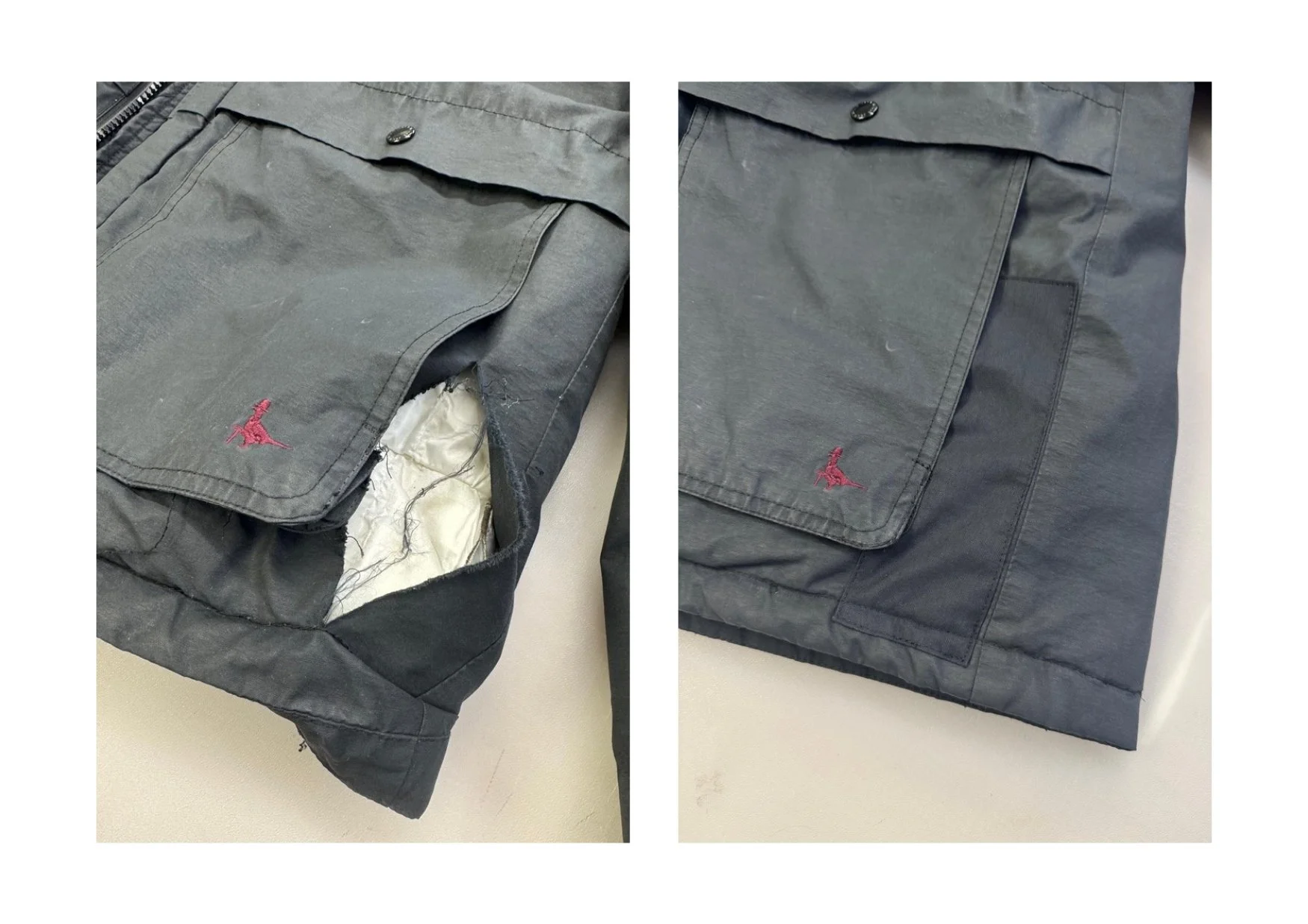 Grey patch on shorts near pocket