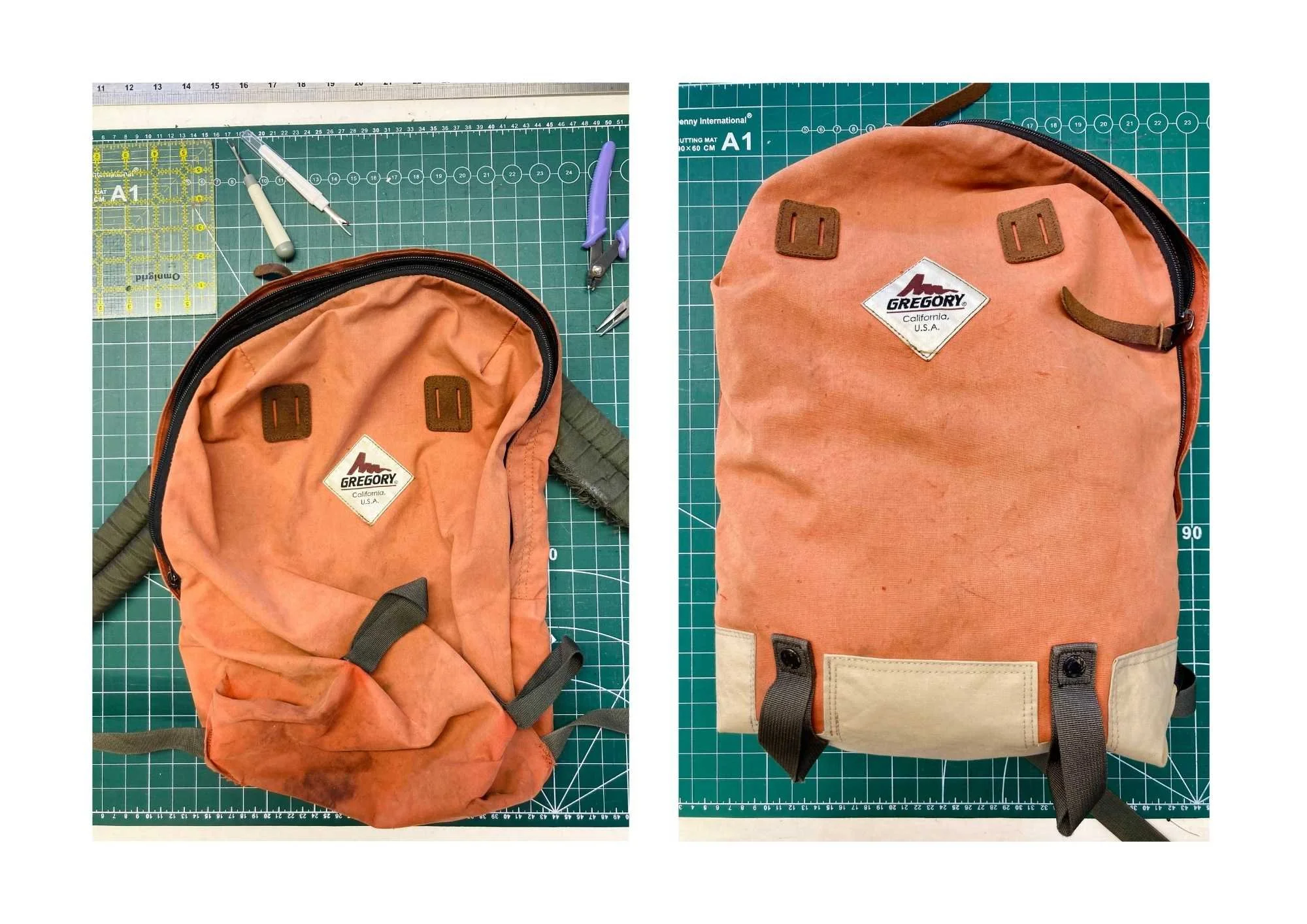 rucksack with holes in the base, reinforced with strong fabric