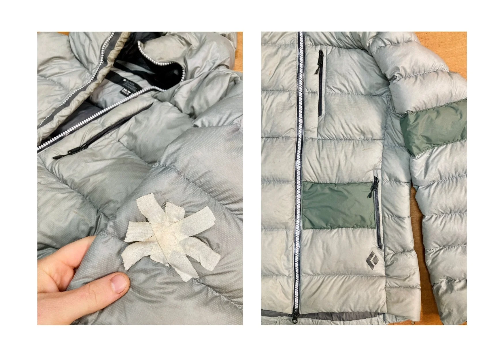 Black Diamond down jacket patched with sage green