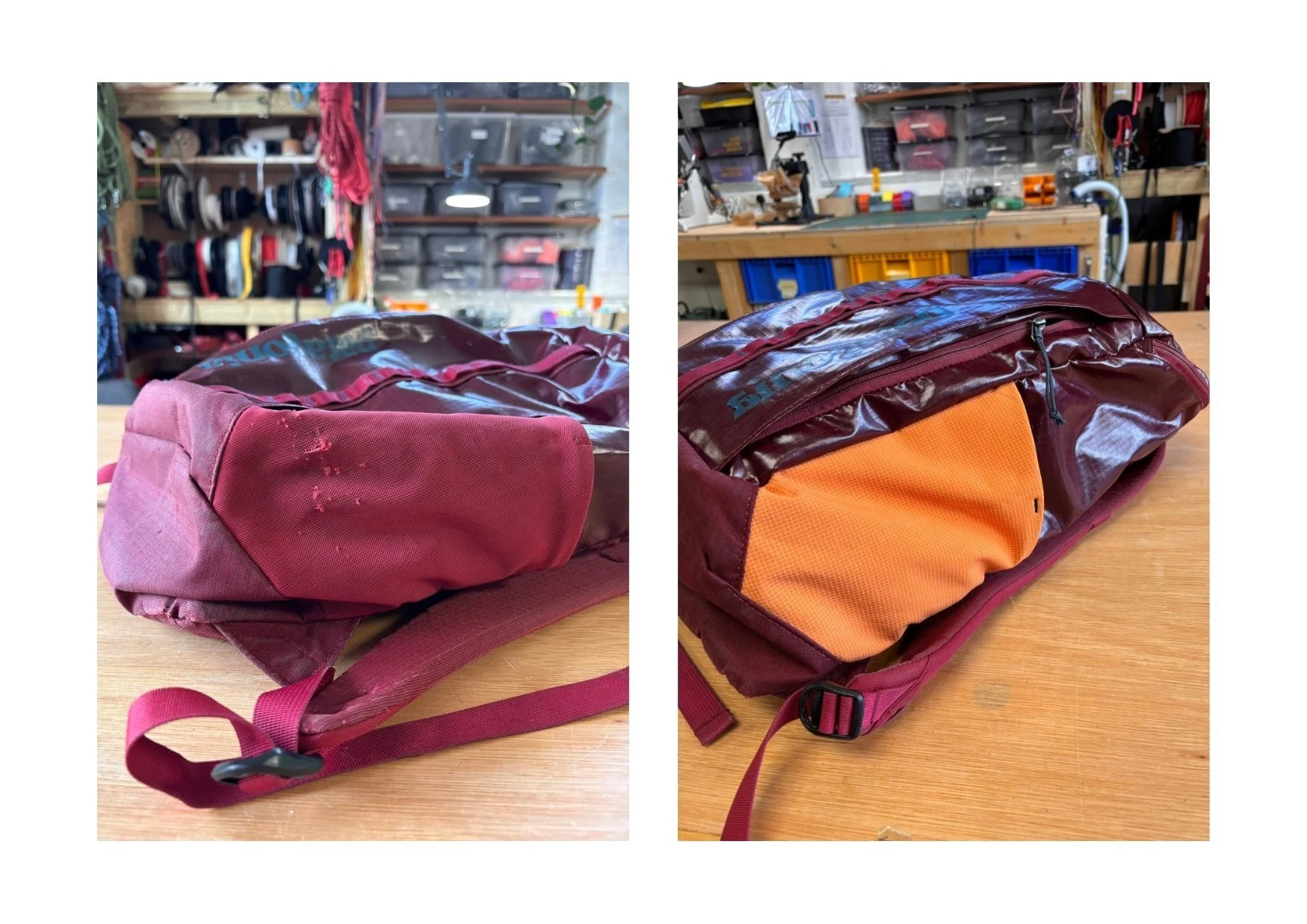 Patagonia Black Hole Bag with damaged water bottle pocket 