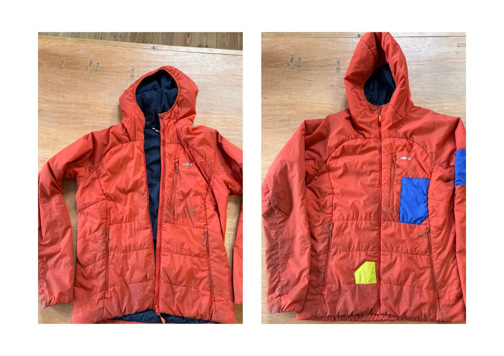 Red insulated jacket fixed with patches