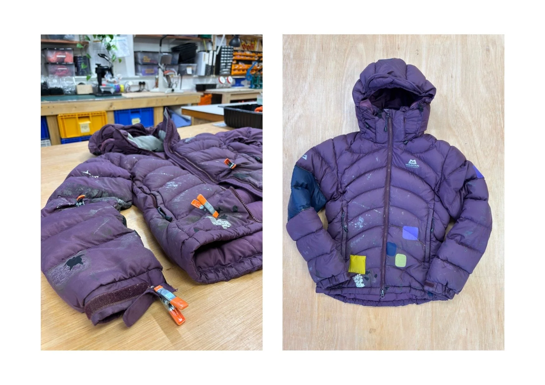 purple Mountain Equipment jacket with feathers leaking out, fixed with patches