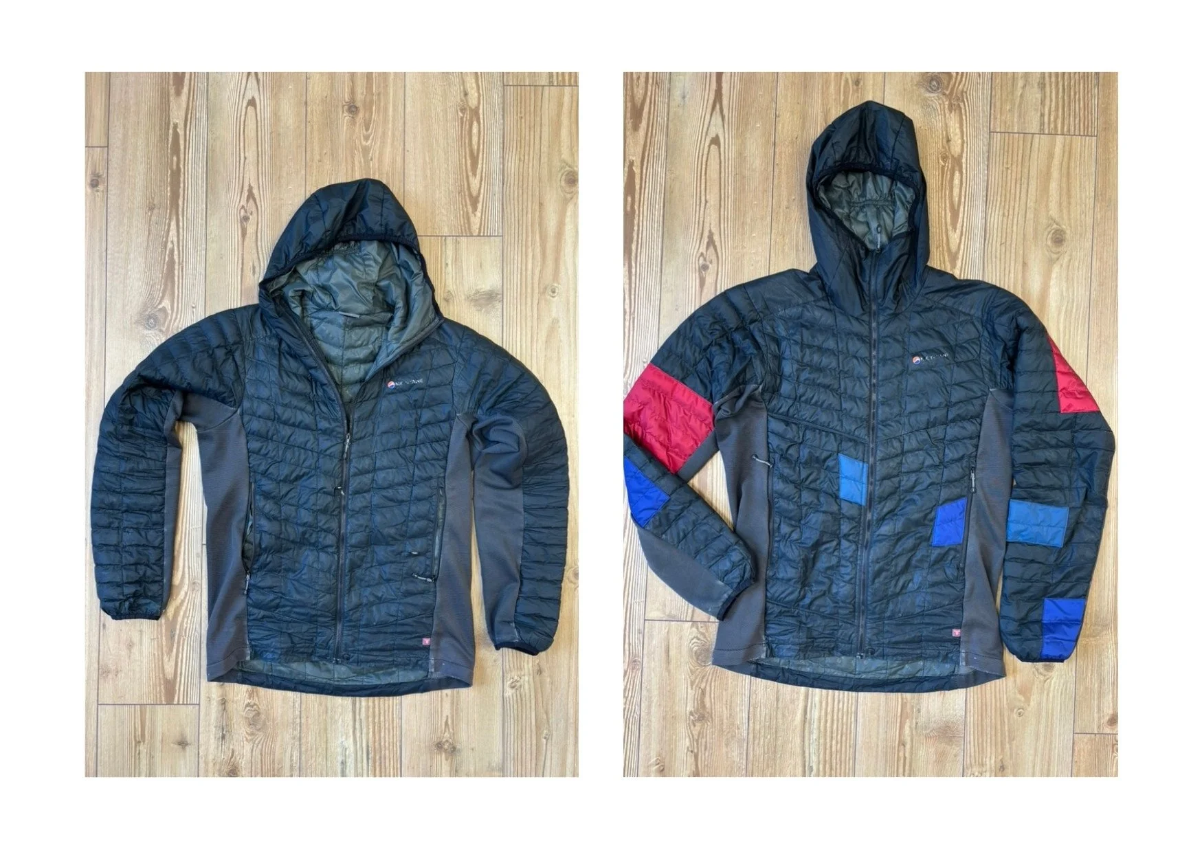 Black puffy jacket with rips in it. Repaired with colourful patches. 