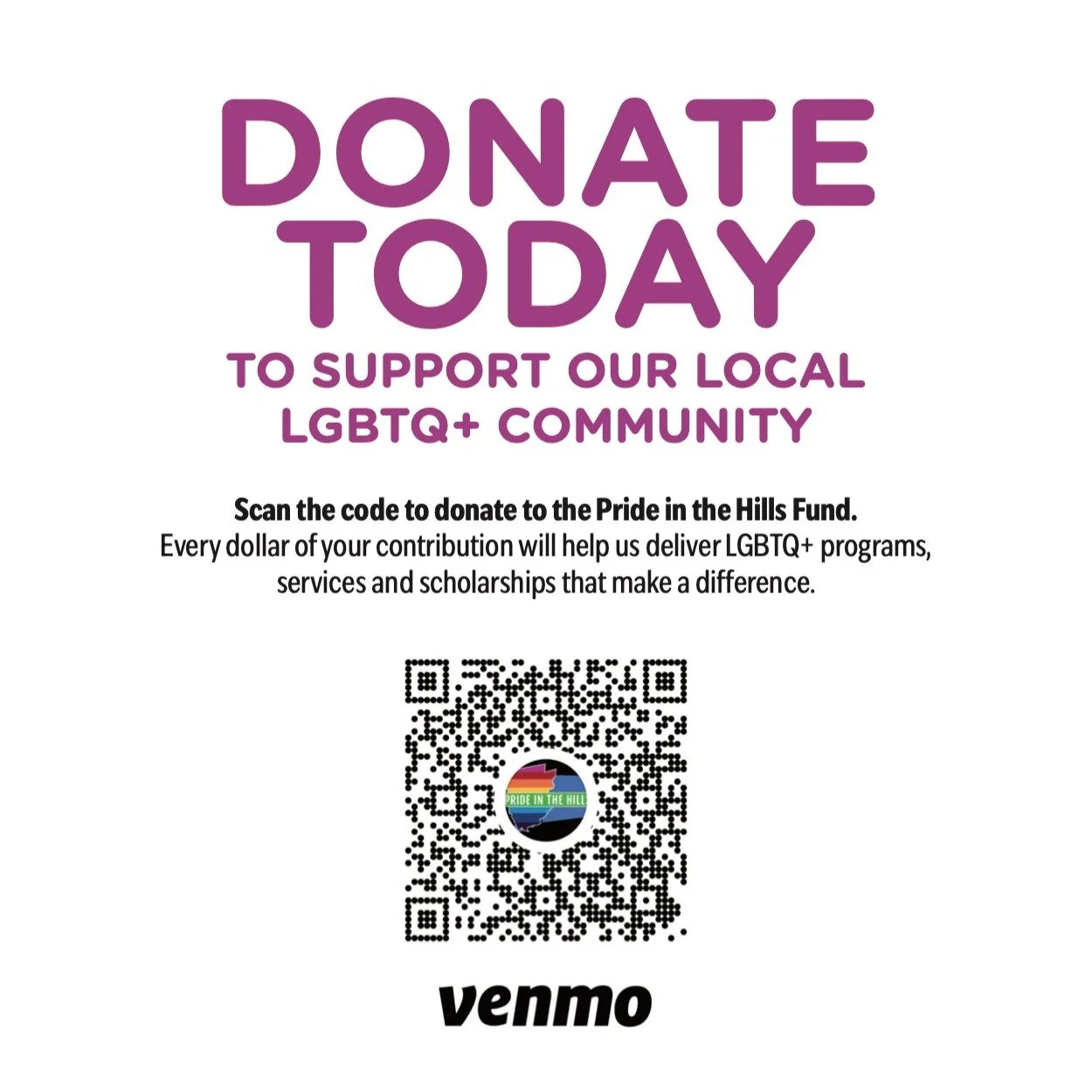 We're making it SUPER easy for you to donate, with our new @prideinthehillsct Venmo account. If you want to make a difference, but aren't sure how, this is a no brainer. Every penny goes to supporting local programs that are actively creating safe sp