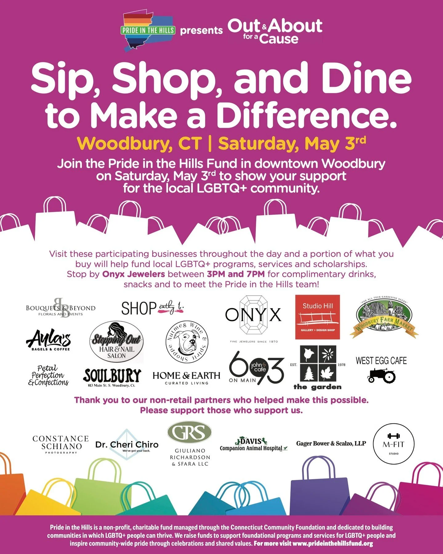 Join us on Saturday, May 3rd in downtown Woodbury, CT for our first annual Out and About for a Cause event! All you have to do to make a difference is shop and eat at participating businesses. And- stop by Onyx Jewelers between 3 and 7PM for complime
