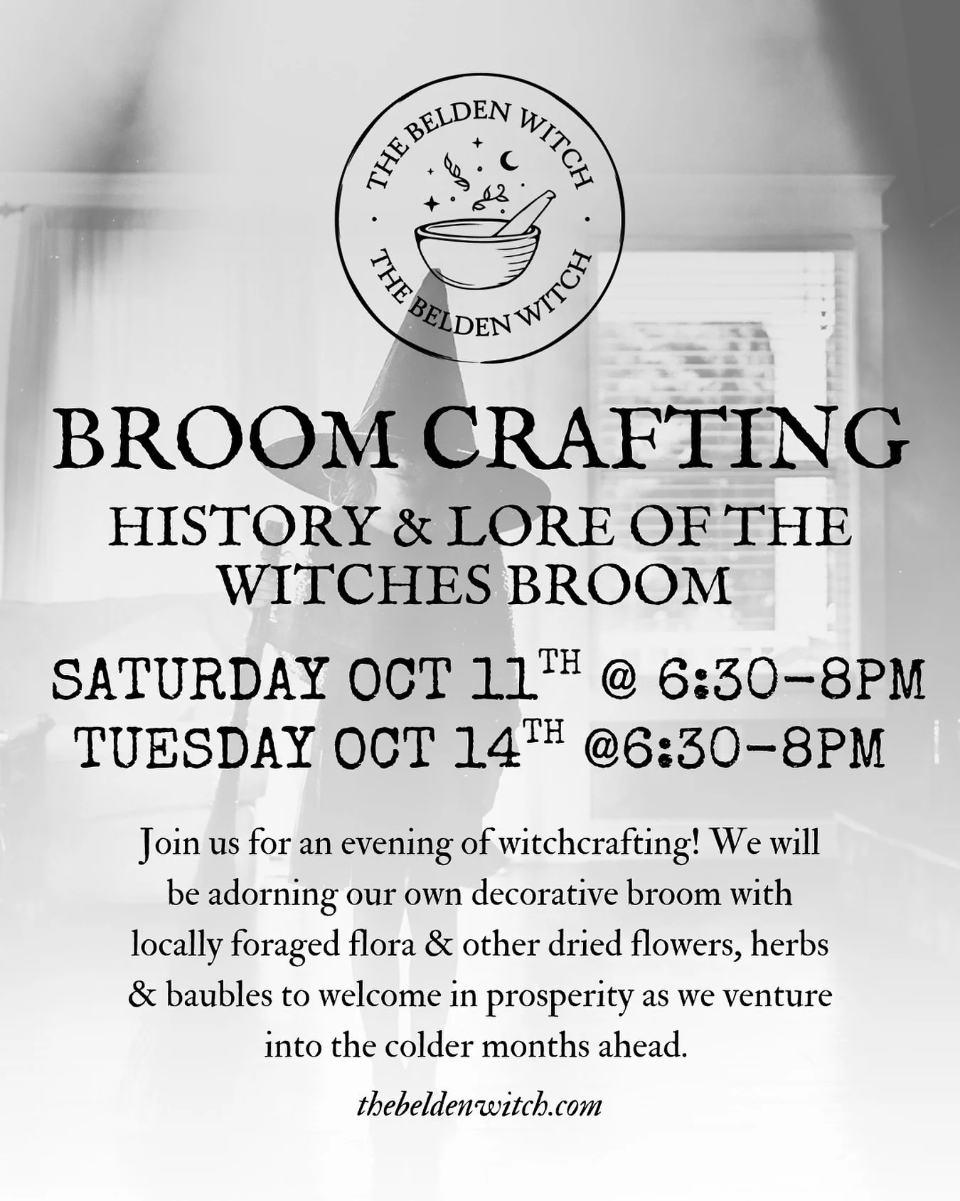 It&rsquo;s baaaaaack!!! Join us for Broom Crafting! 🧹 

We&rsquo;ll be decorating our own witches broom with dried flowers, feathers and adornments while we sip Ayurvedic Mulled Cider, &amp; snack on pumpkin bread &amp; homemade kettle corn ✨ 

Lear