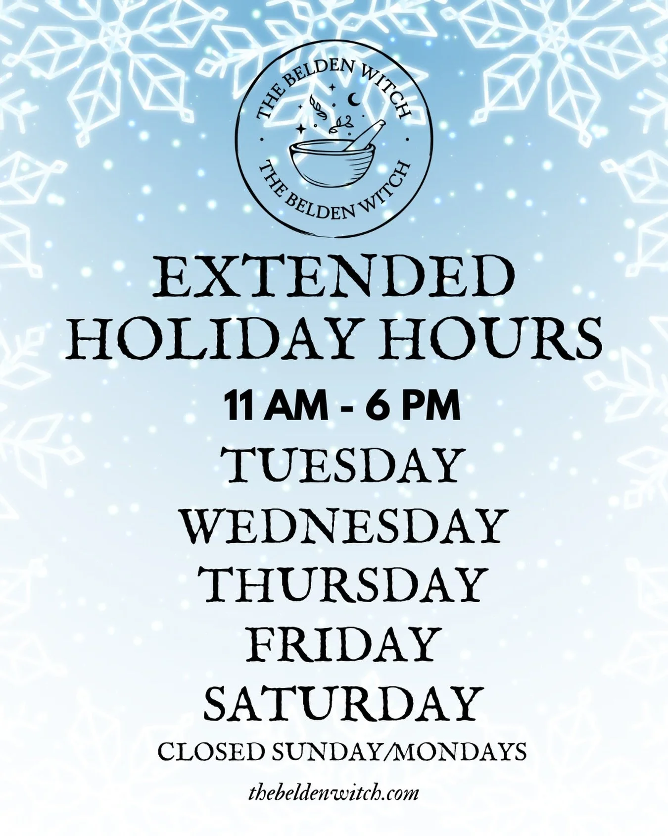 Shop small! Support local! ❄️ We&rsquo;re extended our hours through the Holidays! 

Now open Tuesdays, open an hour earlier mid week, and open an hour later ALL week! 

Don&rsquo;t forget we offer 10% off all loose herbs by the ounce every Wednesday