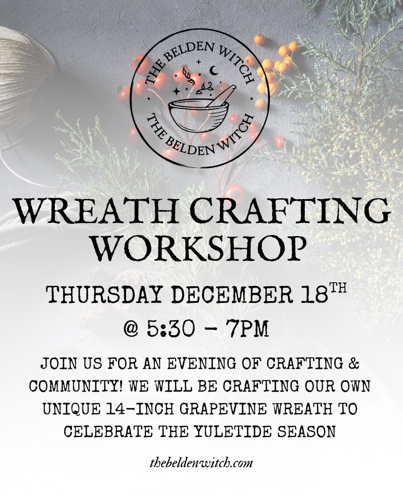 IT&rsquo;S BACK! ✨ Delight in designing your very own grapevine wreath with fresh boughs, dried fruit, ribbon, antler pieces, crystals, &amp; dried flowers! ✨

We&rsquo;ll join in community for crafting while you learn about the history of why we bri