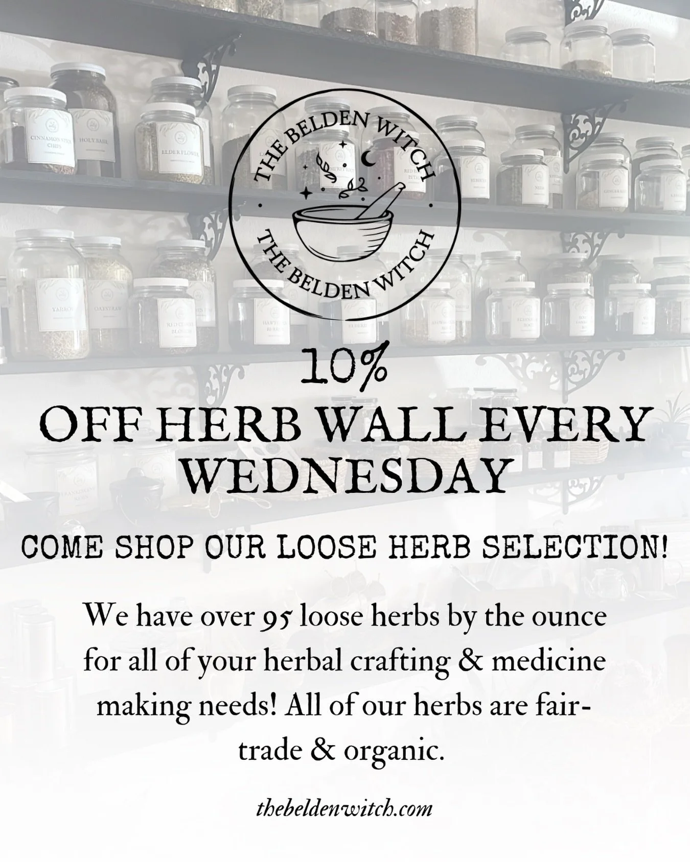 Every Wednesday ✨ 10% off all loose herbs by the ounce! 🌿 

Don&rsquo;t worry about bringing jars, we have complimentary reusable compostable bags for easy transport home! 🌿 

Pro tip: Save the bags we give you, transfer your herbs to an airtight j