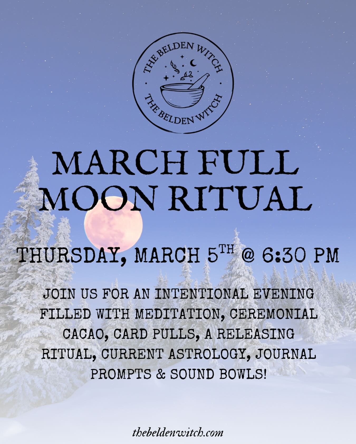 Join us for our first Full Moon gathering of 2026✨ 

We will sit and sip ceremonial-grade cacao in ritual together. During ceremony you will learn the benefits of cacao, learn about current astrological transits, be guided through meditation, with so
