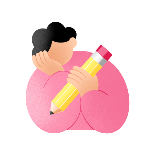 a woman holding a large pencil
