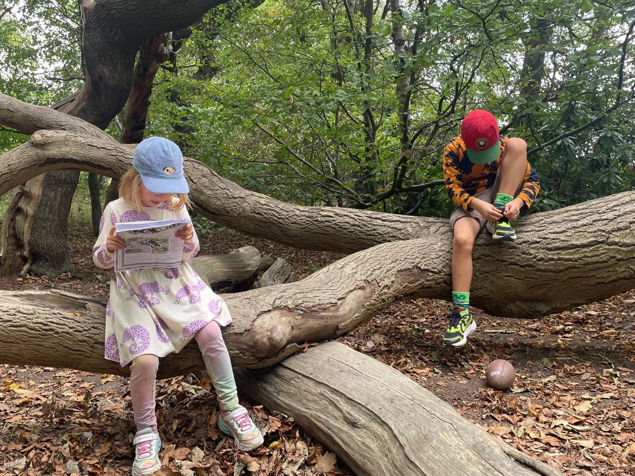Two children, a girl and a boy, sitting on fallen tree trunks in a wooded area, with a soccer ball on the ground nearby, while the girl reads a map or paper and the boy adjusts his shoelaces.