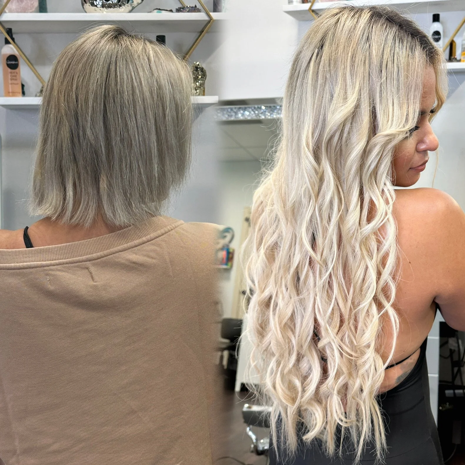 High-end Great Lengths Platinum Salon creating long, natural human hair extensions with seamless blend in Coral Springs FL