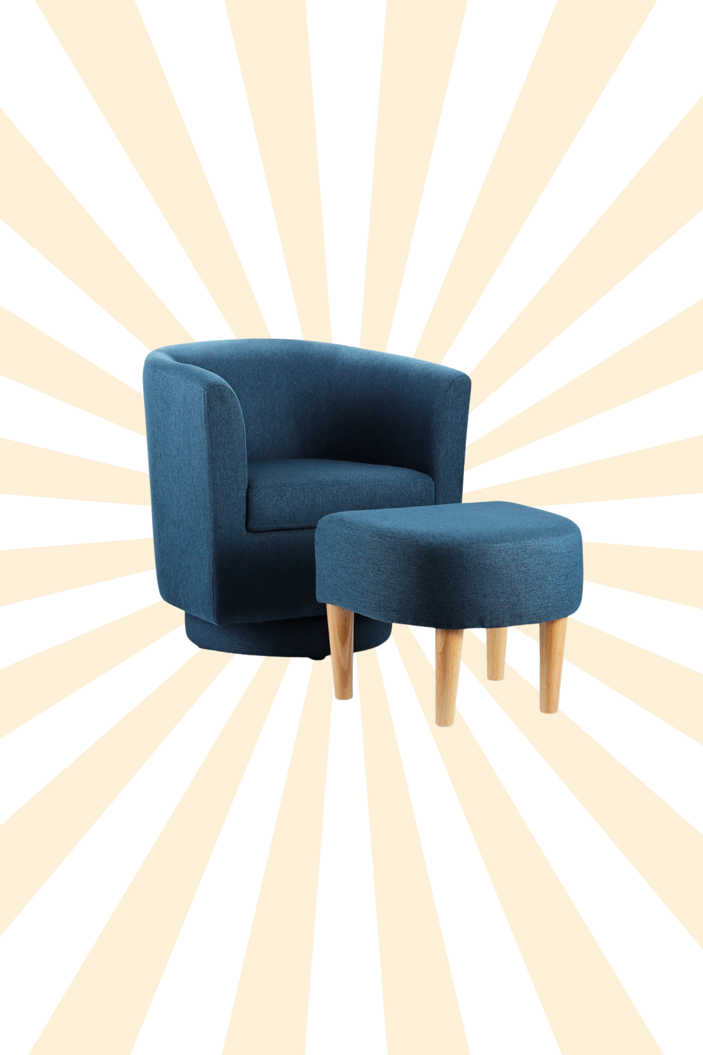 Blue Upholstered Side Swivel Barrel Chair + Ottoman