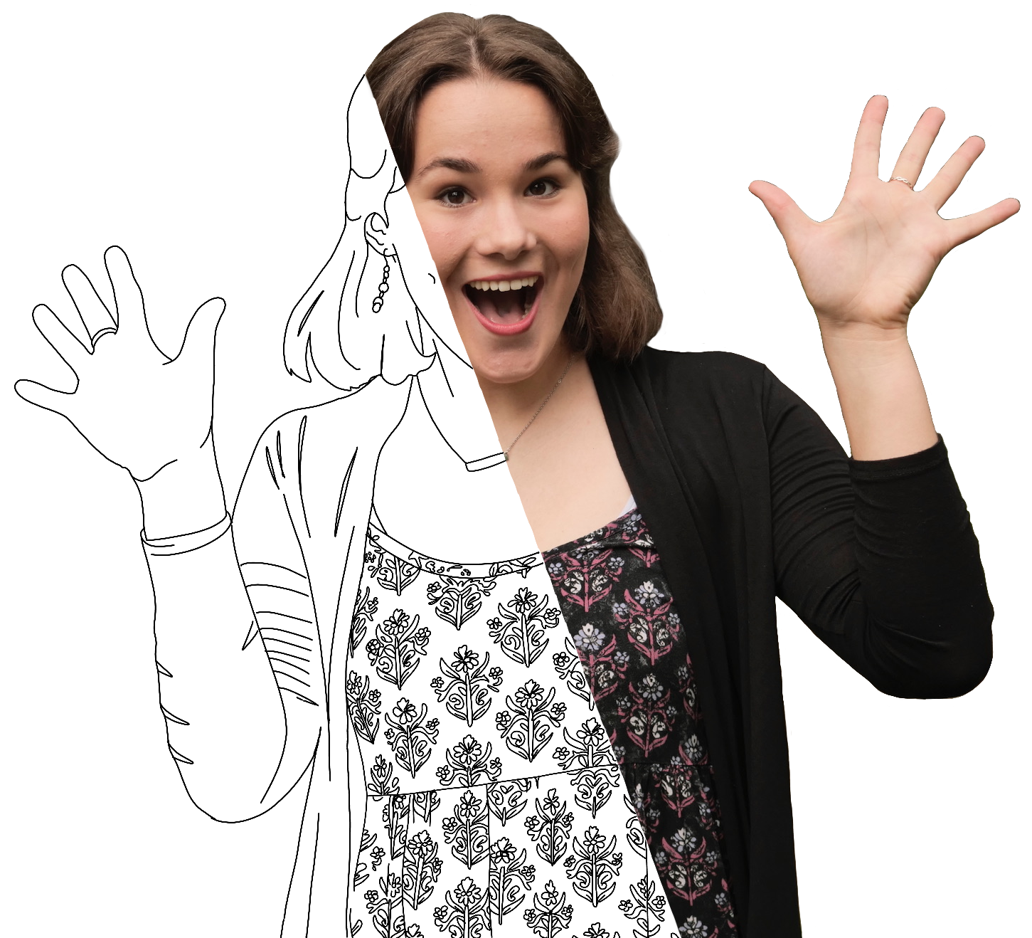 Smiling person waving, partially visible, wearing black cardigan and patterned top.