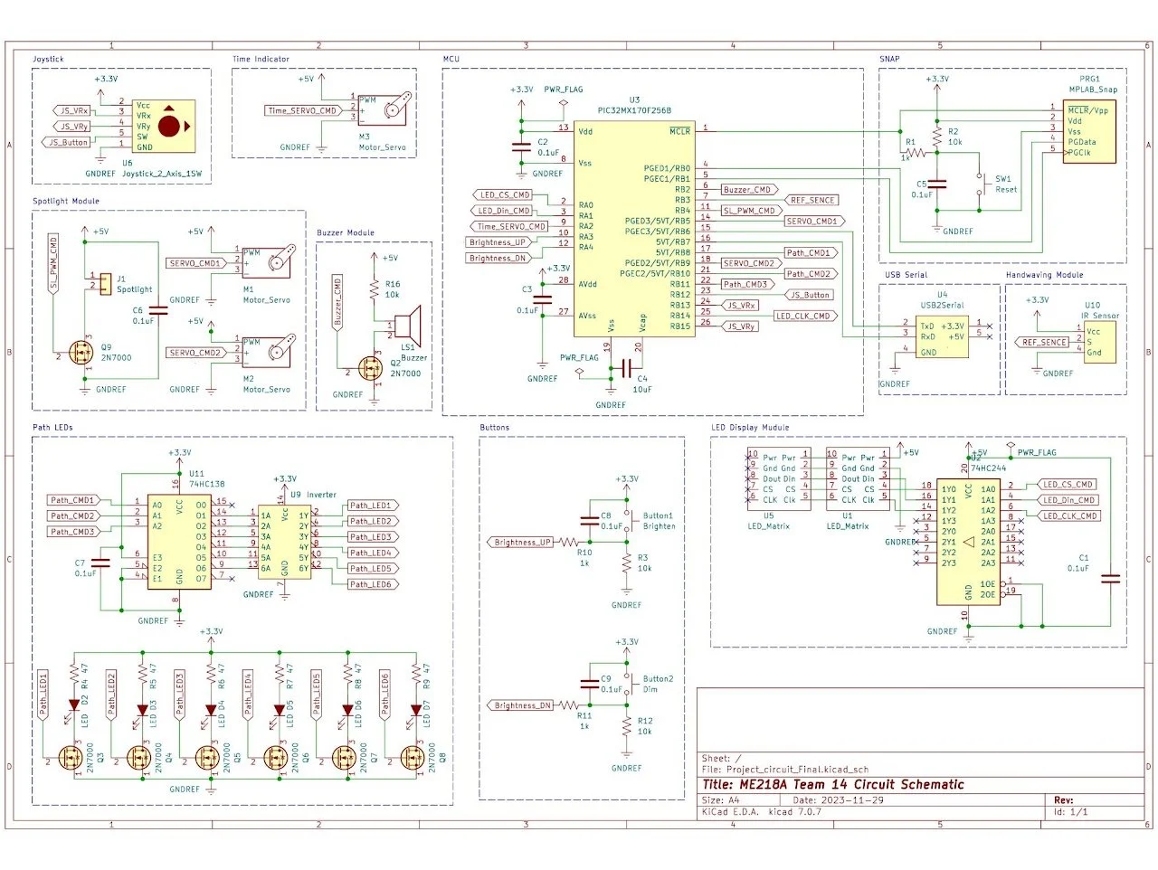 Circuit diagram of an electronic project, showing components such as resistors, capacitors, microcontroller, and modules for joystick, buzzer, path LEDs, and LED display. Includes schematic connections and labels for voltage and ground.