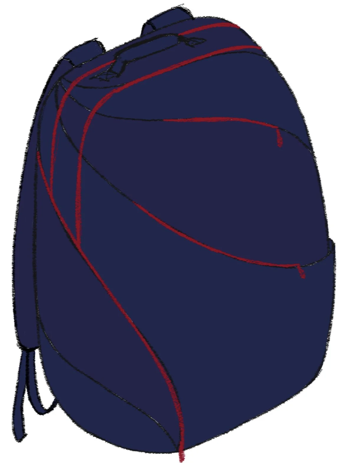 Dark blue backpack with red accents and multiple compartments