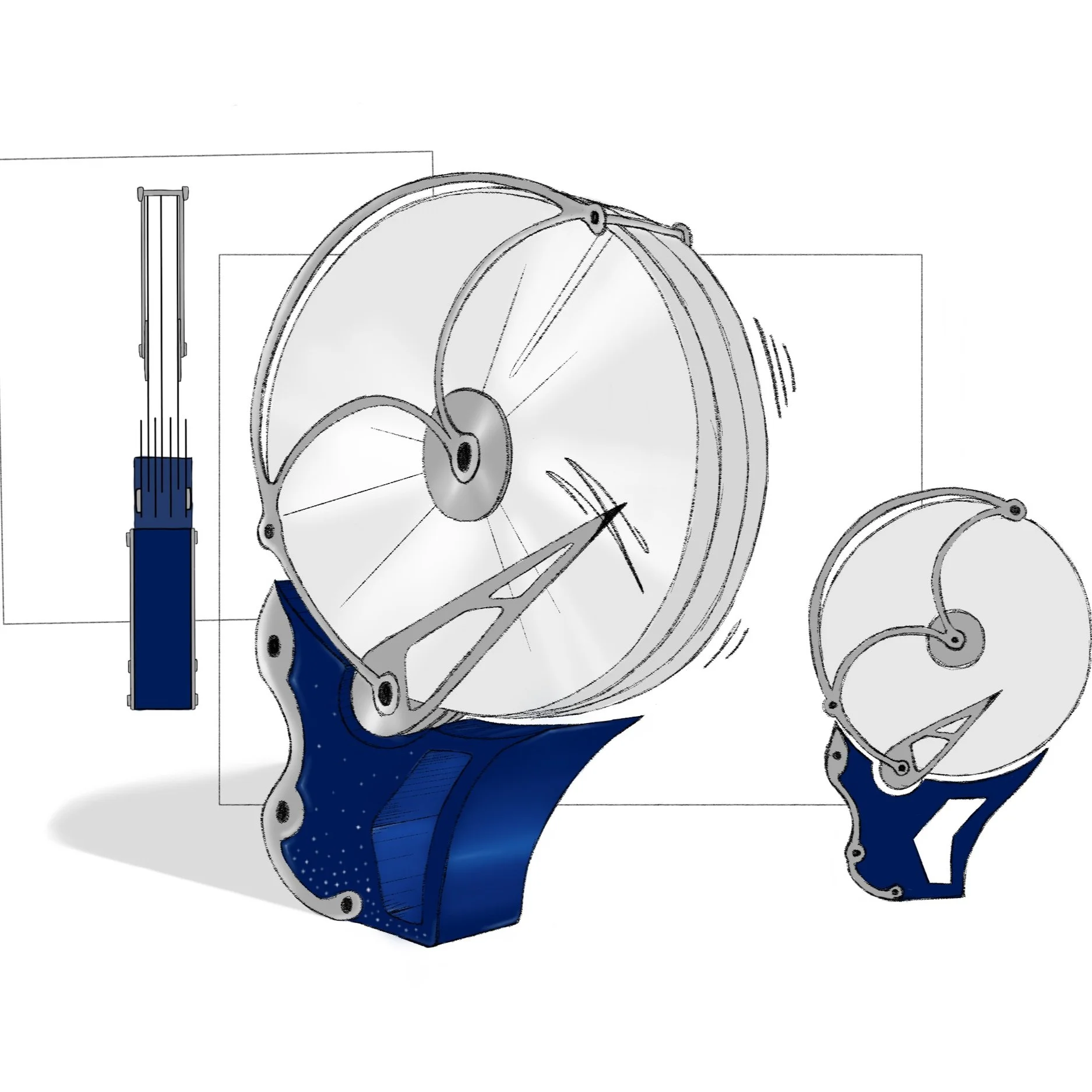 Concept design of a futuristic wind turbine with a blue and silver color scheme, showcasing varying sizes of the turbine in different views and angles.