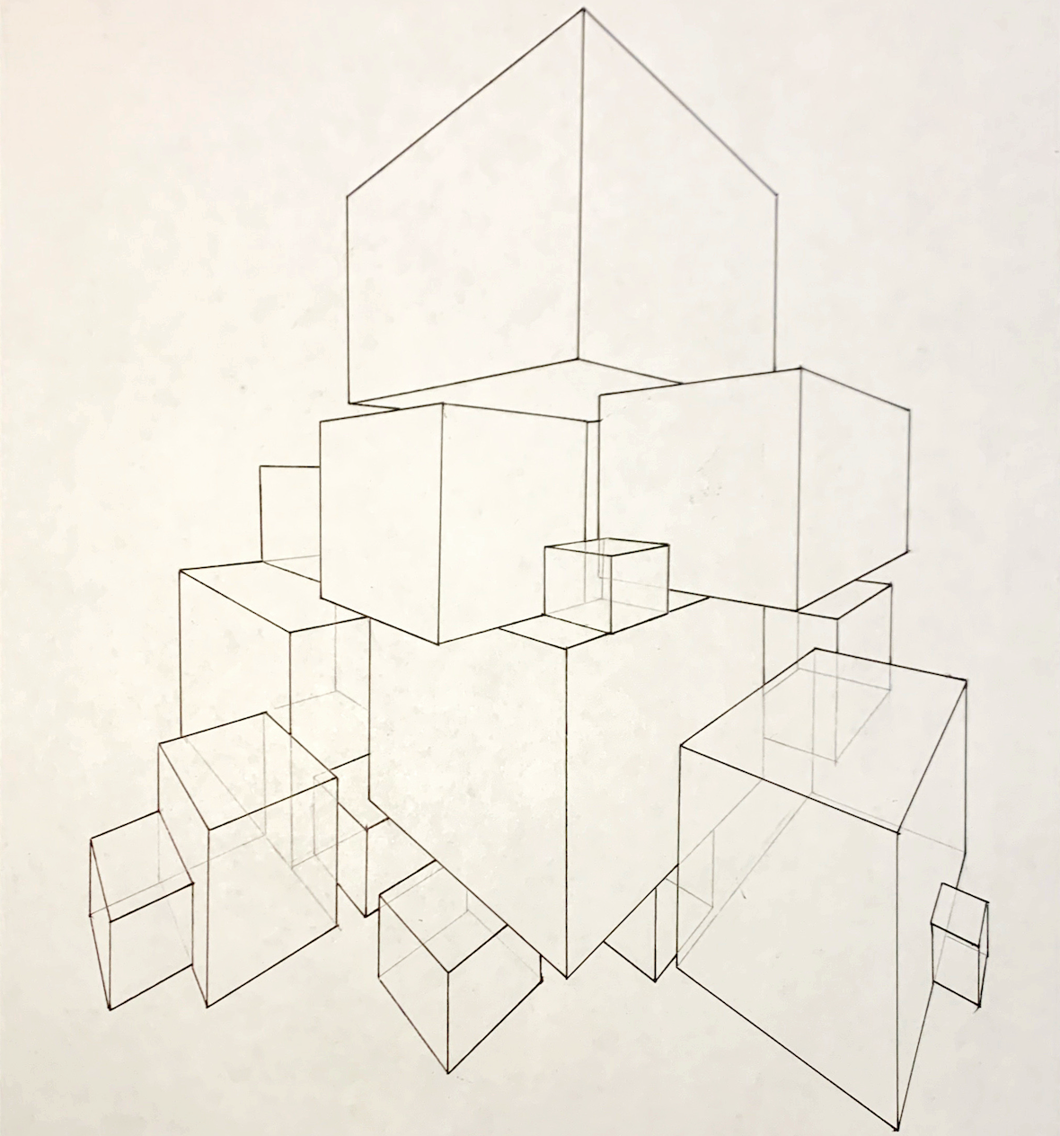 Abstract geometric drawing of interconnected cubes in perspective.