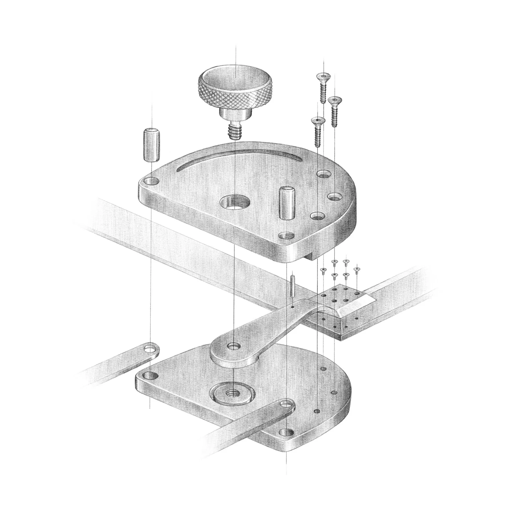 Exploded view of mechanical assembly components, including metal plates, screws, pins, and a knurled knob, showing how they fit together.