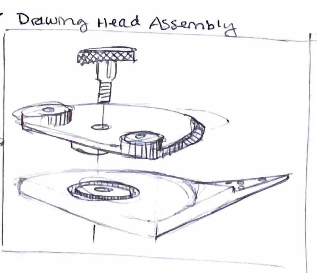 Hand-drawn sketch of a drawing head assembly with labeled components, including a circular disc and cylindrical posts.