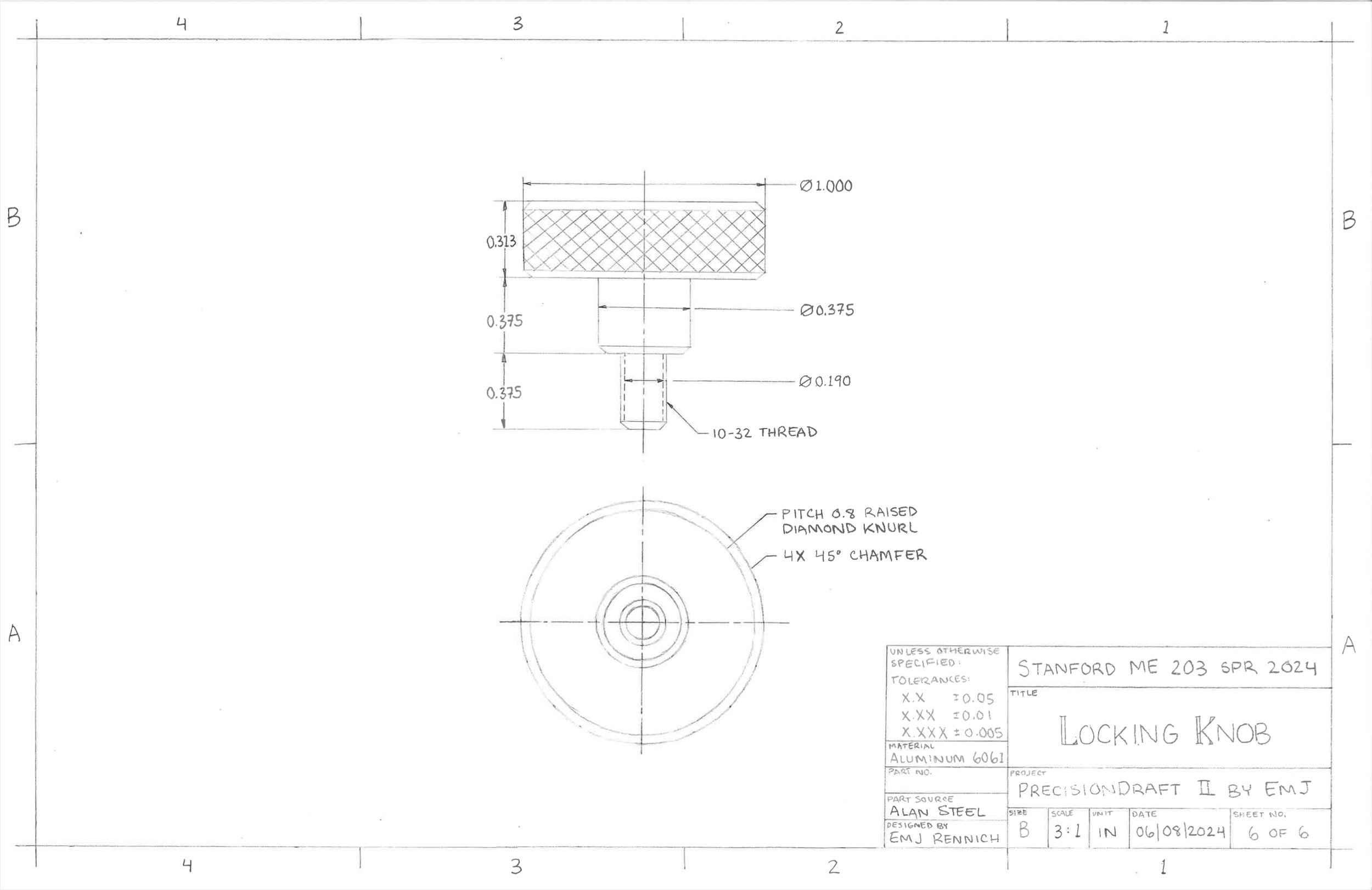 Technical drawing of a locking knob with dimensions and specifications, including a 10-32 thread, 1-inch diameter, pitch 0.8 raised diamond knurl, and 4x 45-degree chamfer. Material specified as aluminum 6061.