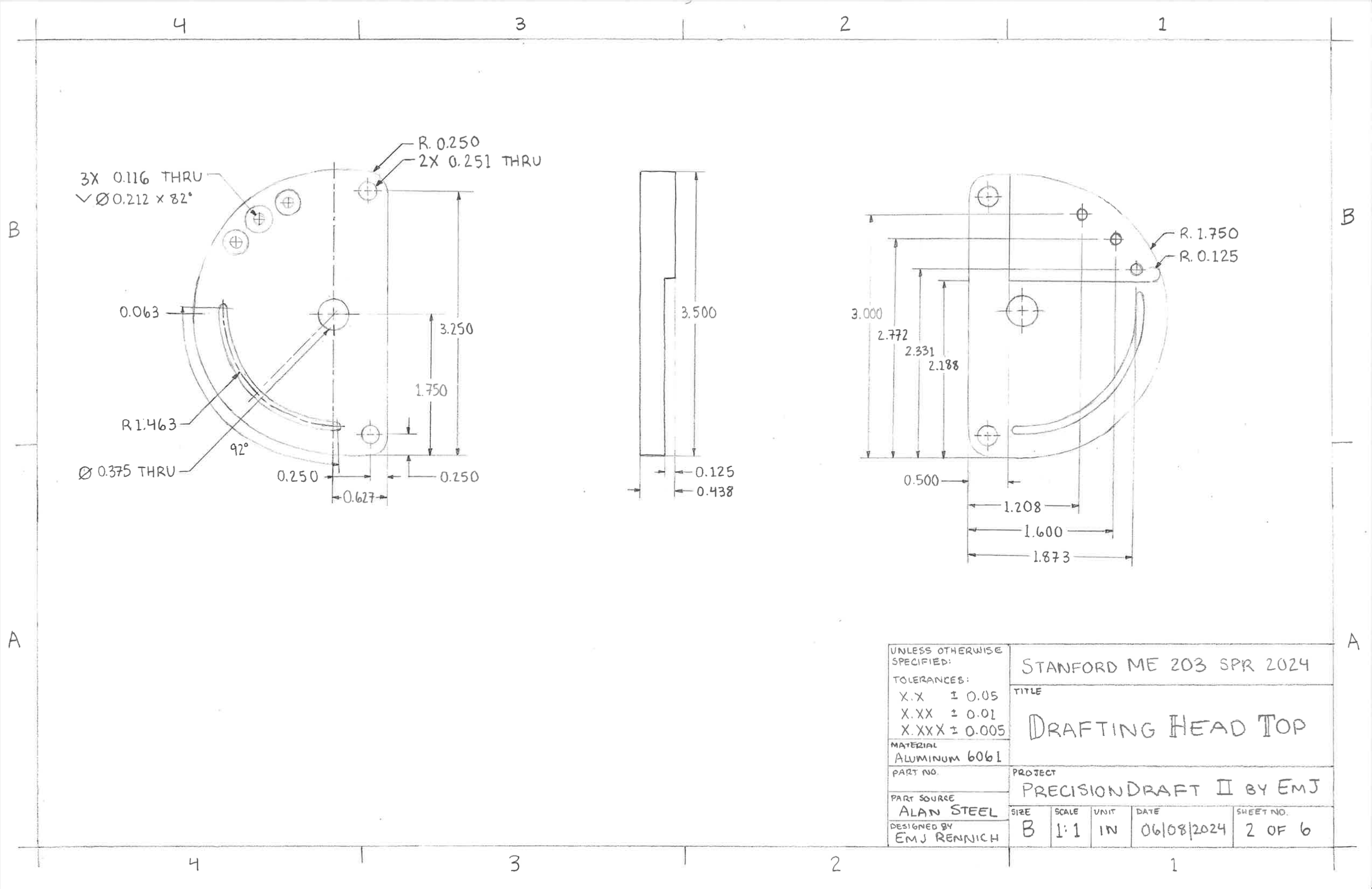 Technical drawing of a part labeled 'Drafting Head Top' with detailed measurements and dimensions. The drawing includes side and top views with drilled holes, arcs, and various radii. Specifications note the material as Aluminum 6061 and it is part of a project named 'PrecisionDraft II' designed by EMJ Rennich for Stanford ME 203 SPR 2024.