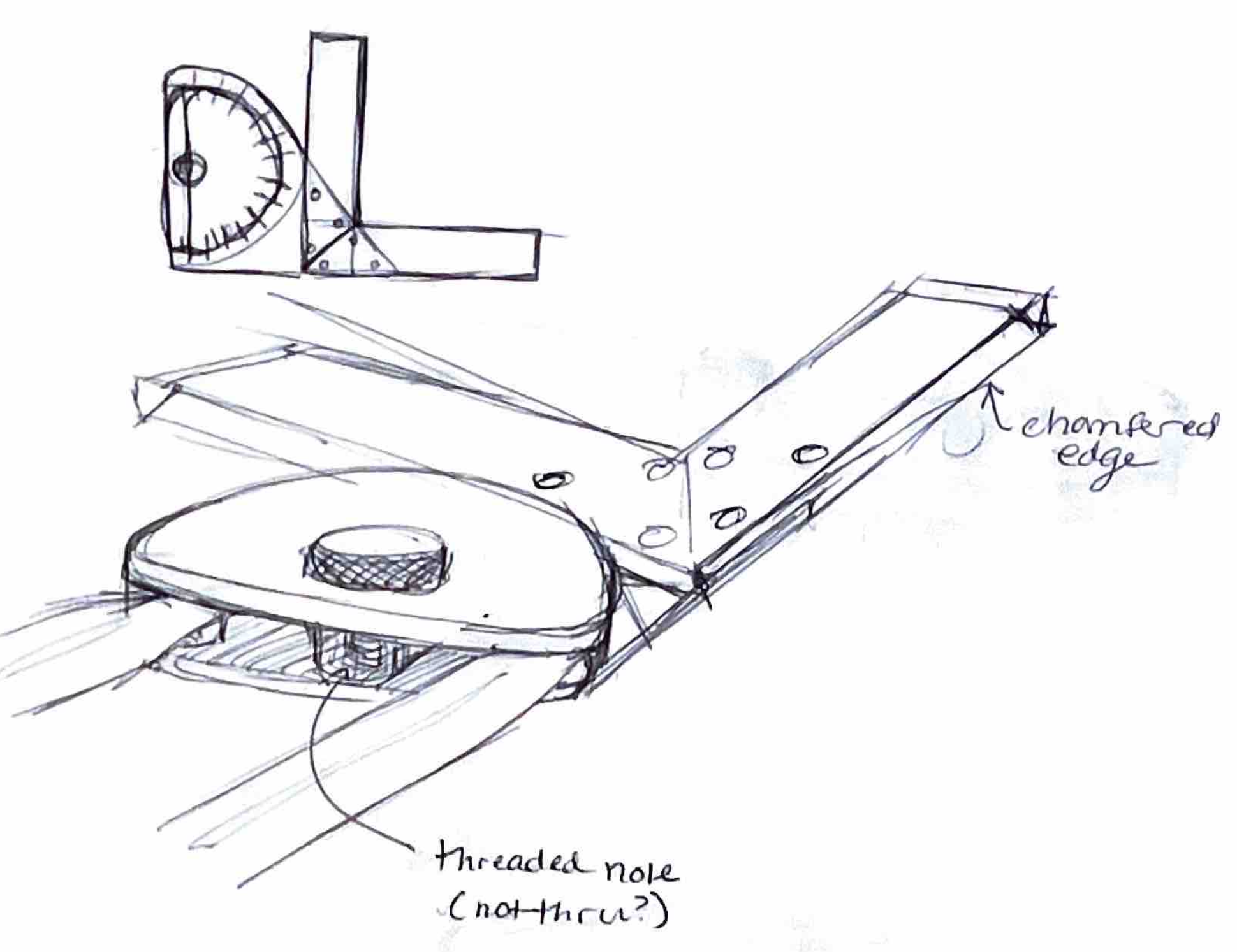 Hand-drawn sketches of a protractor, measuring instruments, and a threaded knob.