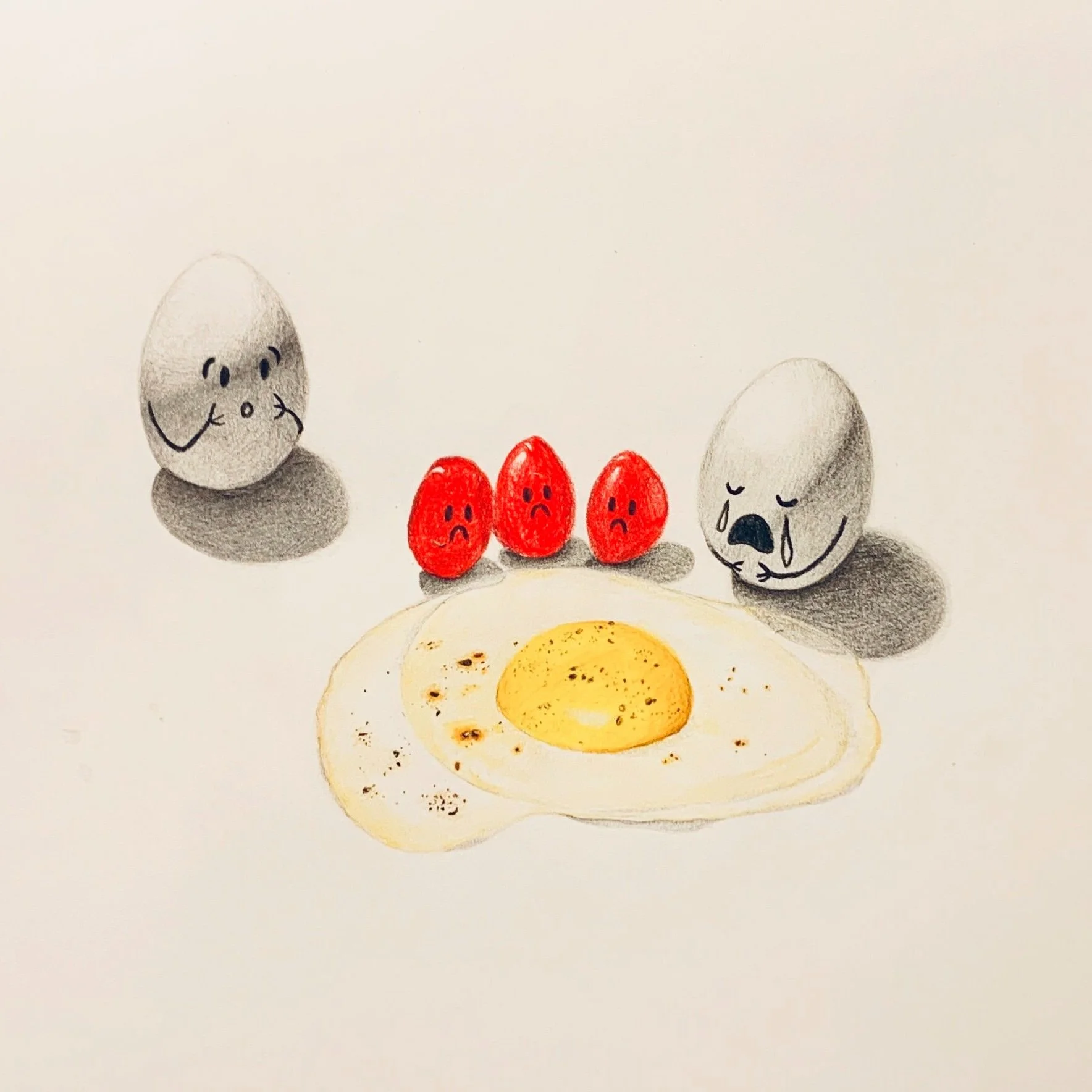 Illustration of sad eggs and tomatoes with a fried egg
